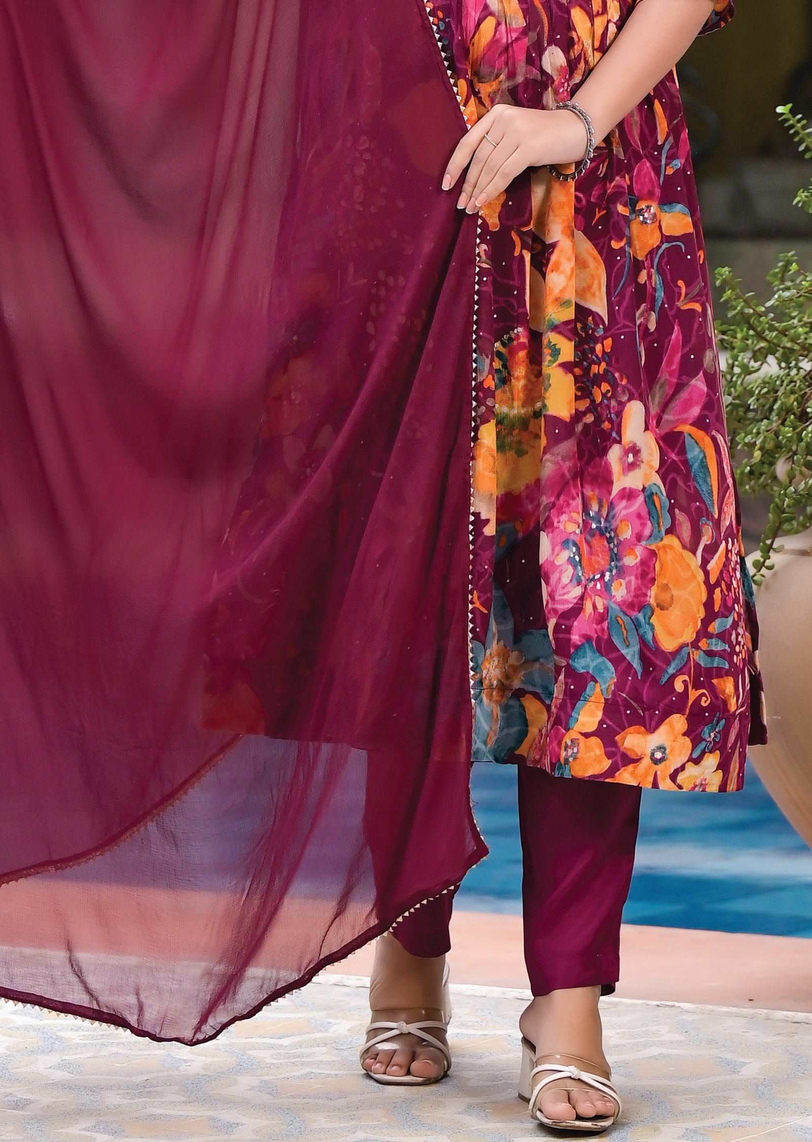 Magenta and Blue Floral Chinnon Anarkali Suit Set