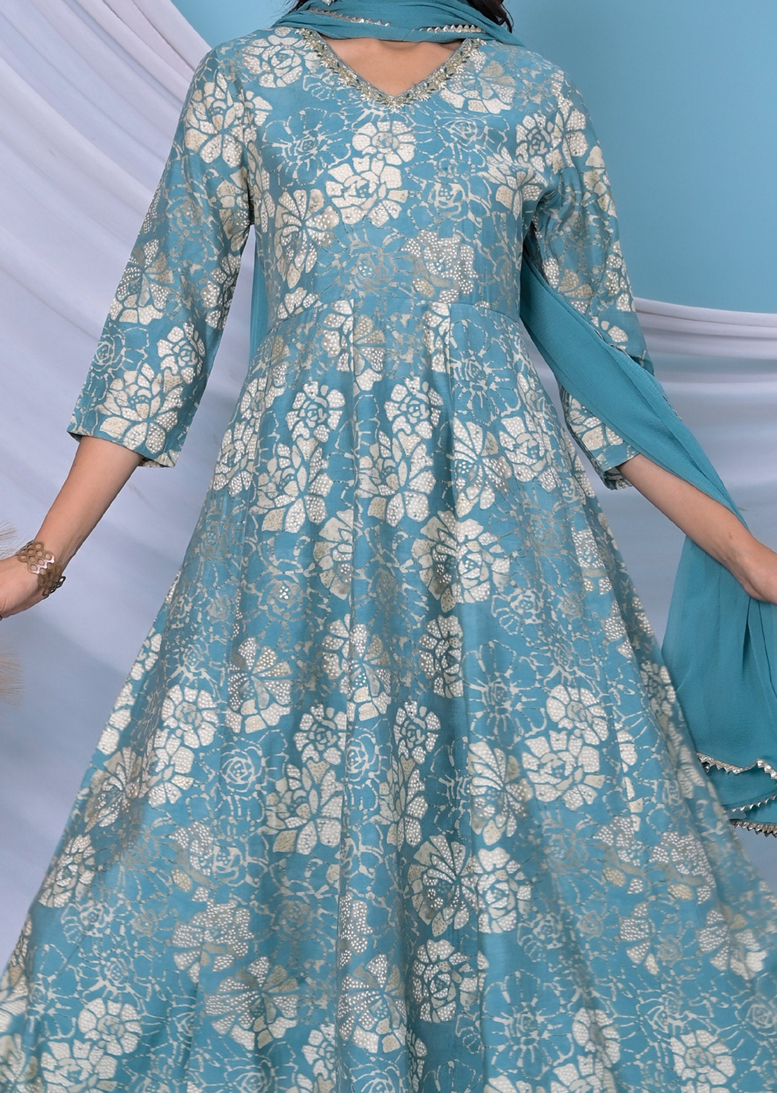 Dusty Blue Muslin Anarkali Suit Set