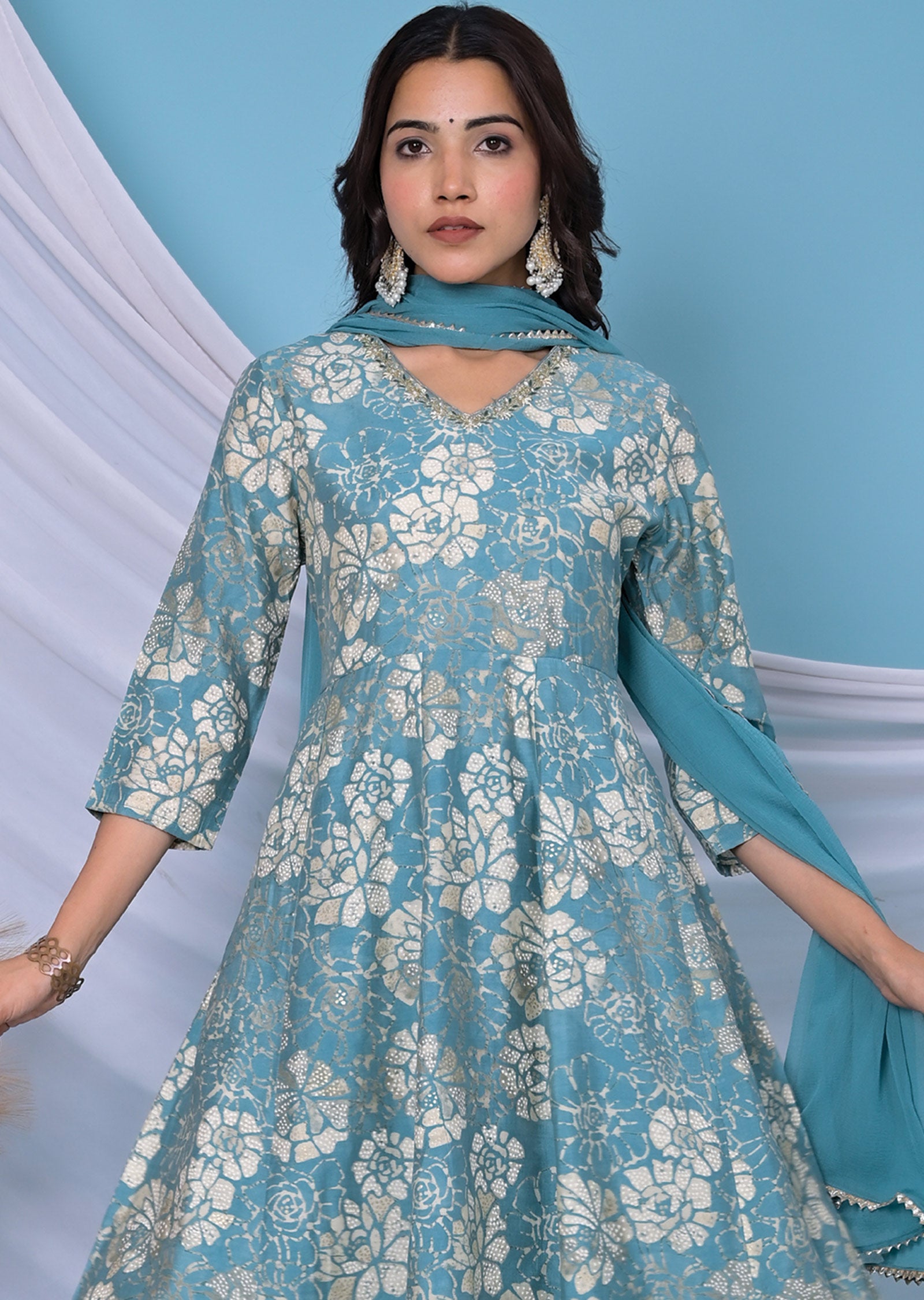 Dusty Blue Muslin Anarkali Suit Set