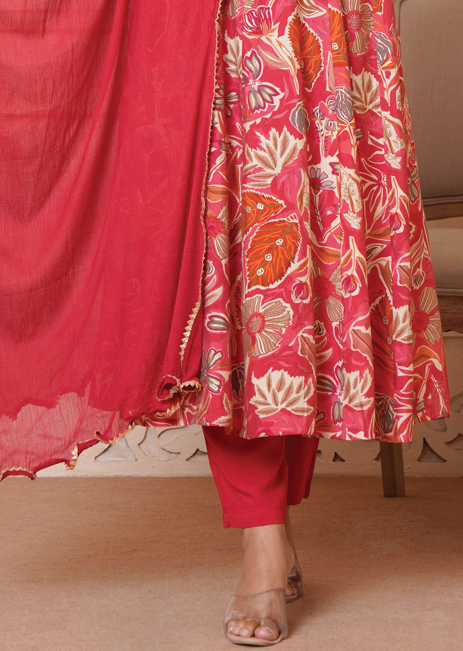 Coral Pink Muslin Anarkali Suit Set