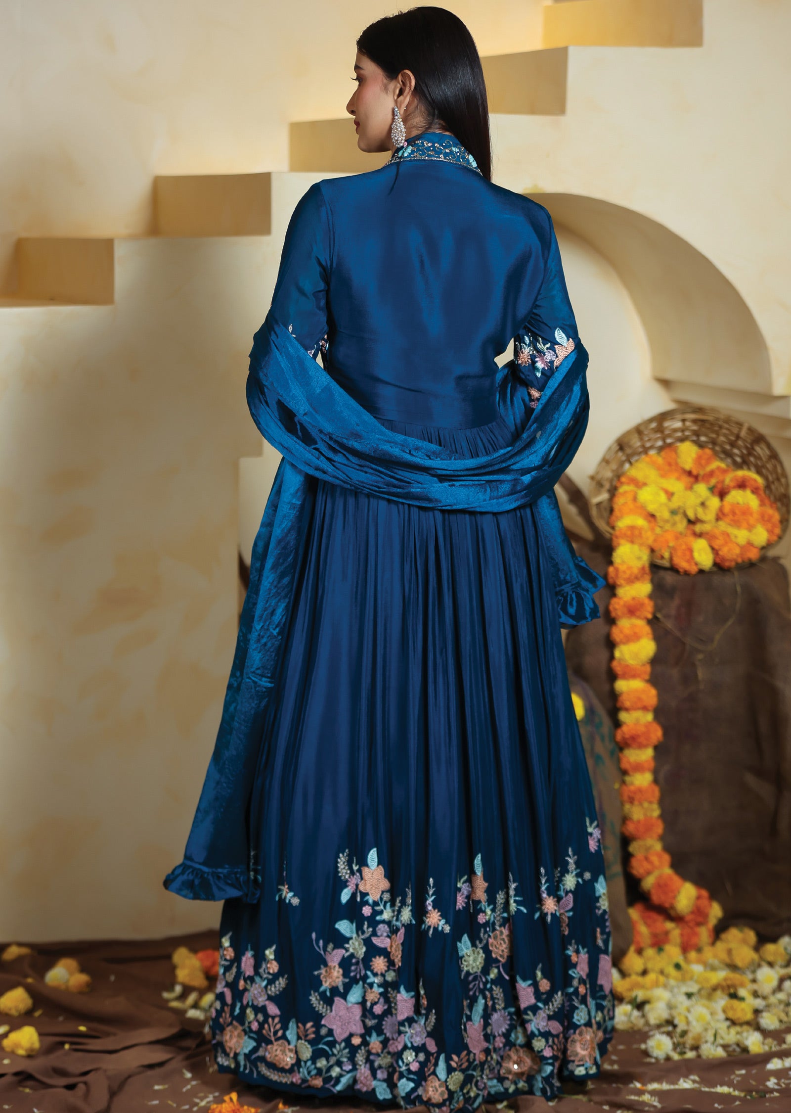 Teal Blue Chinnon Anarkali