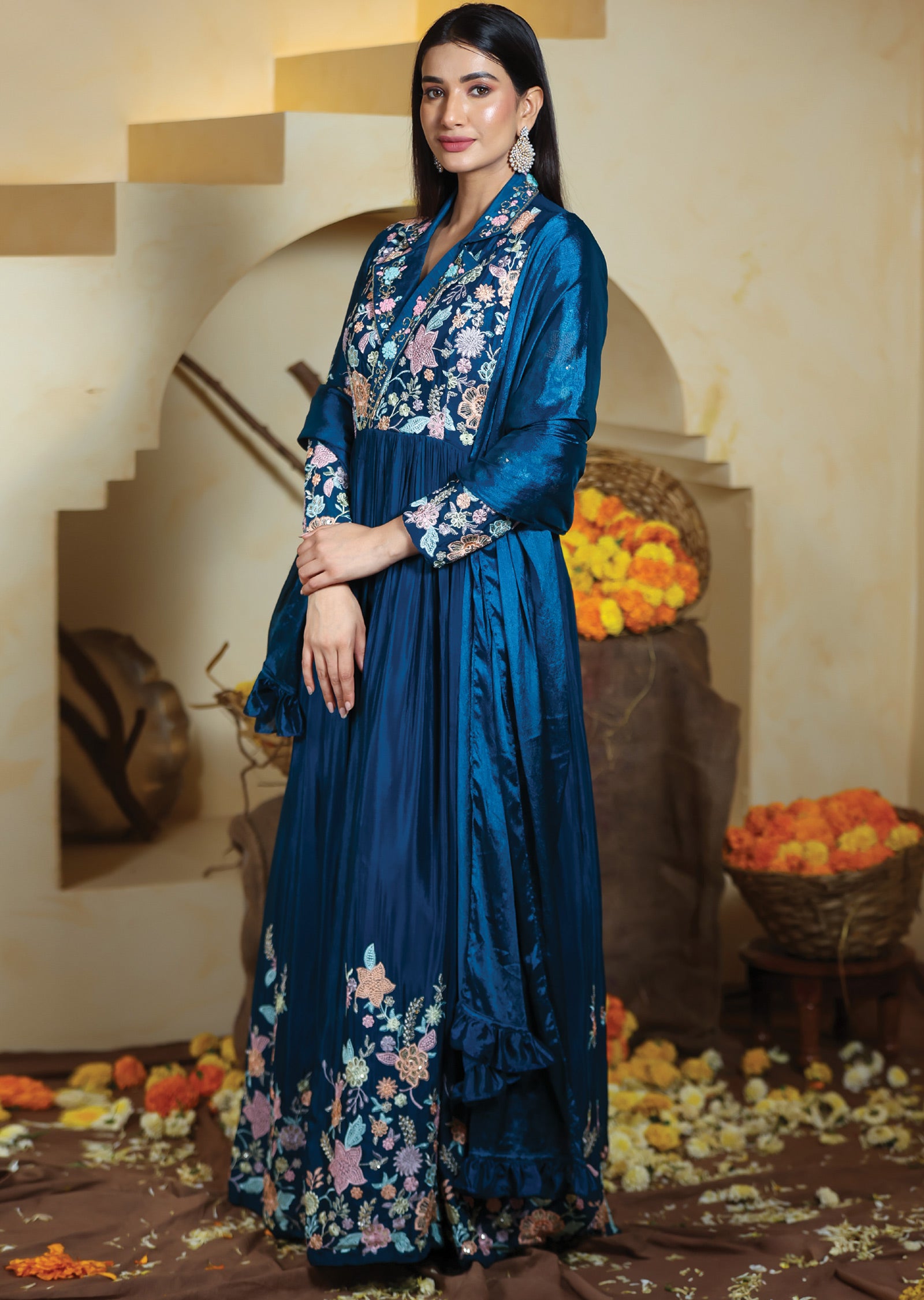 Teal Blue Chinnon Anarkali