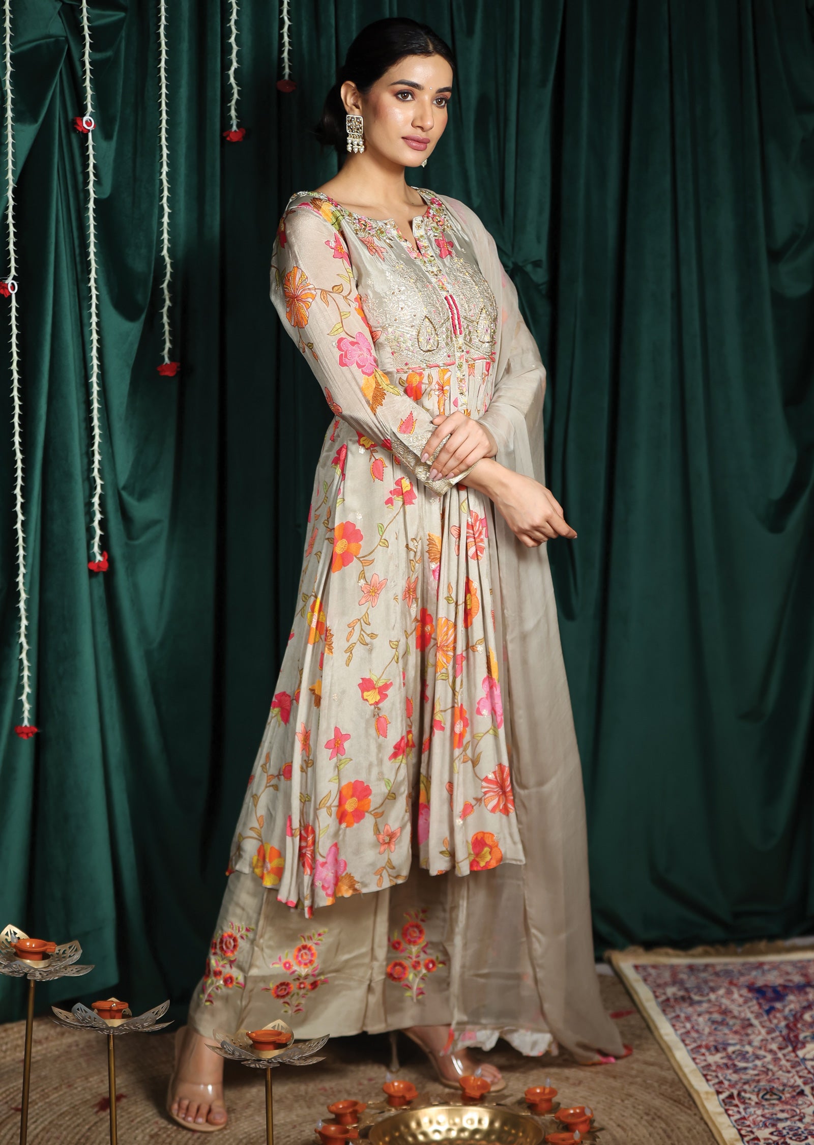 Beige Chinnon Anarkali