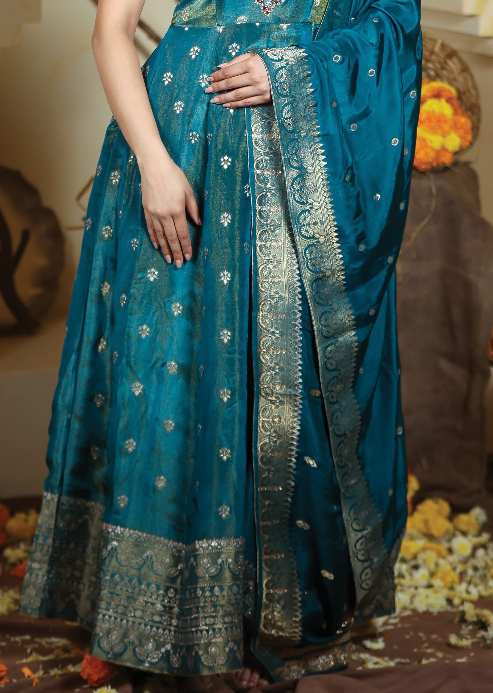 Rama Green Banaras Tissue Anarkali