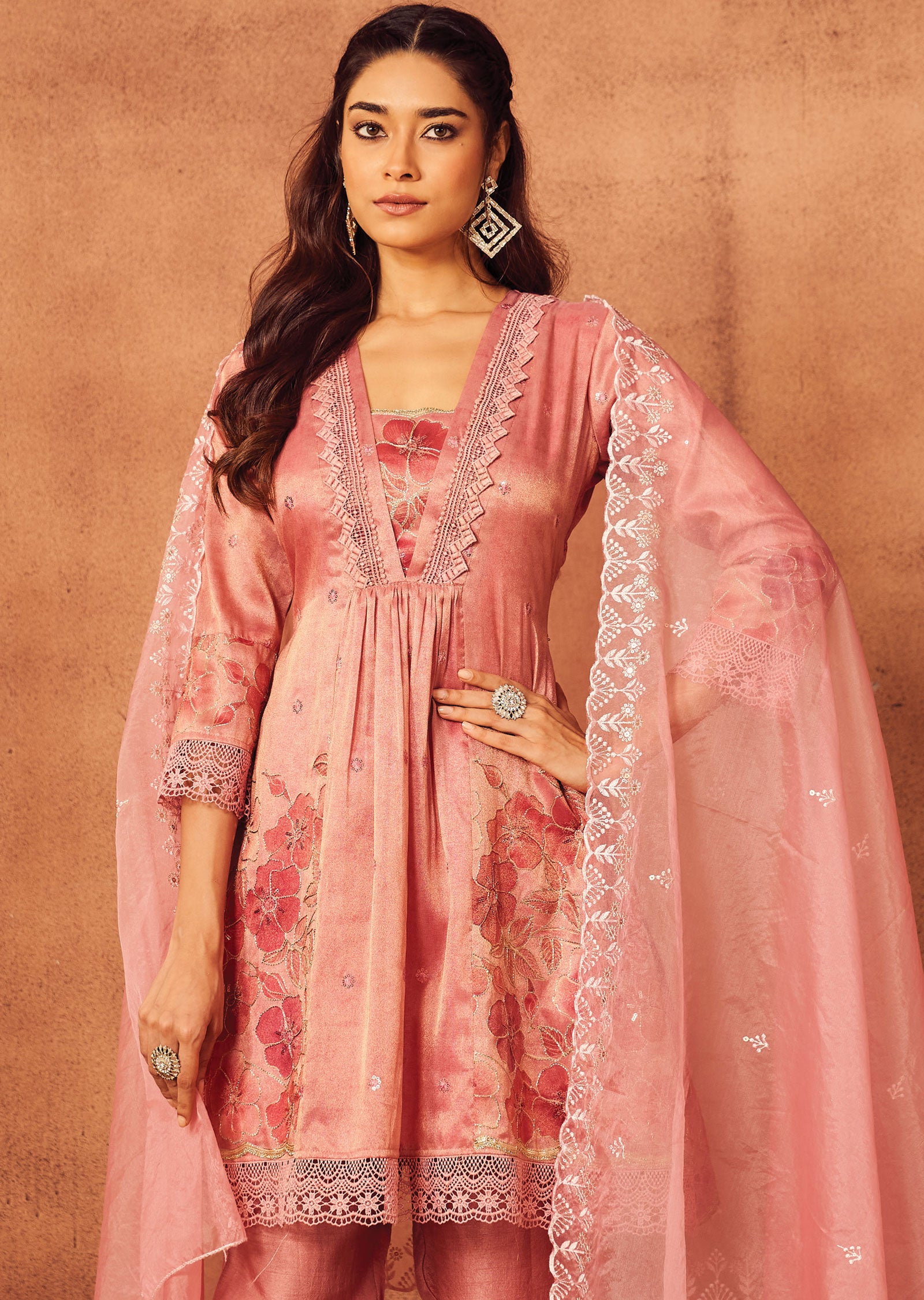 Dark Pink Tissue Silk Anarkali