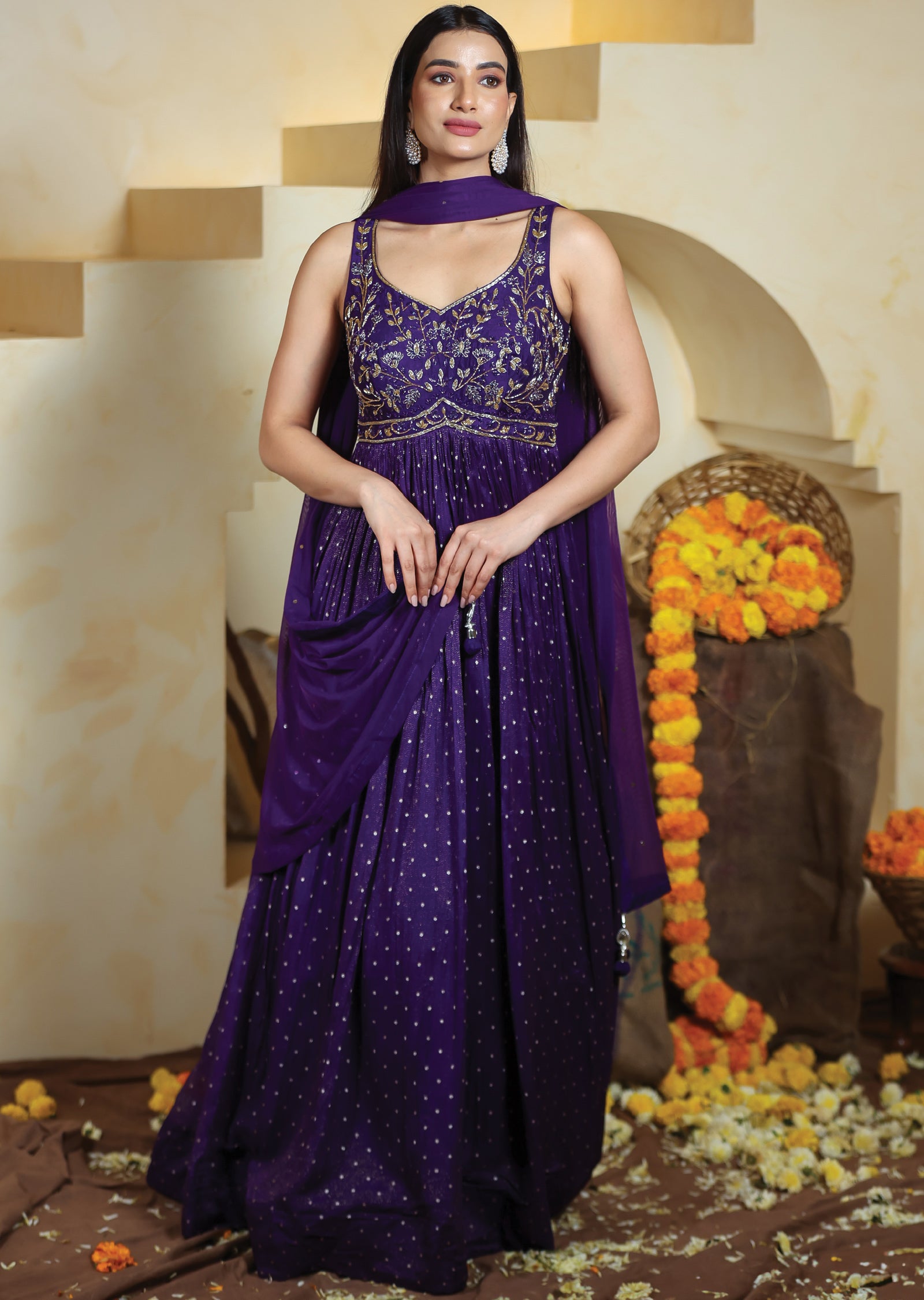 Purple Tissue Banaras Silk Anarkali