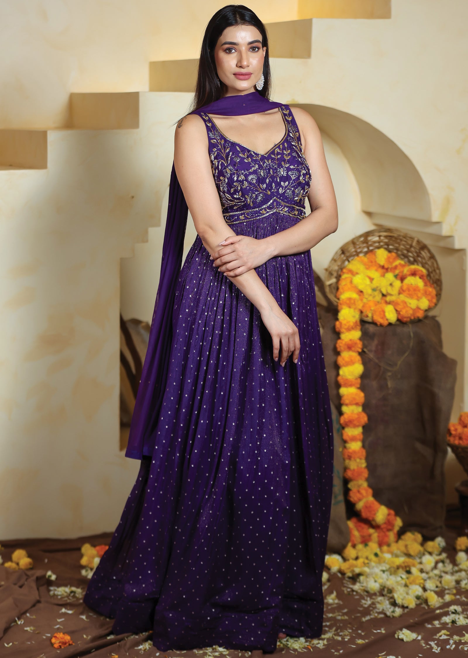 Purple Tissue Banaras Silk Anarkali