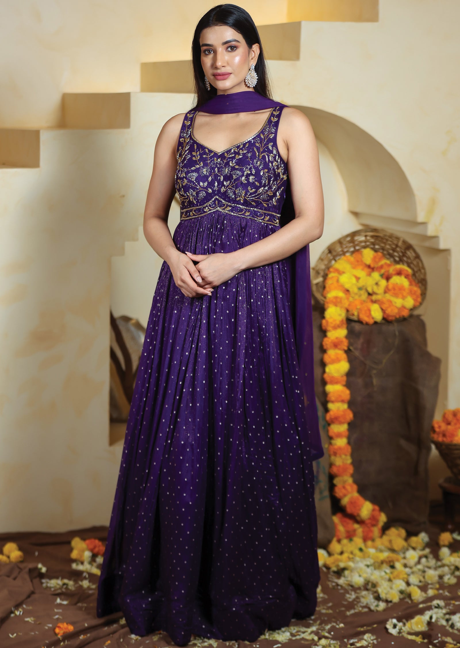 Purple Tissue Banaras Silk Anarkali