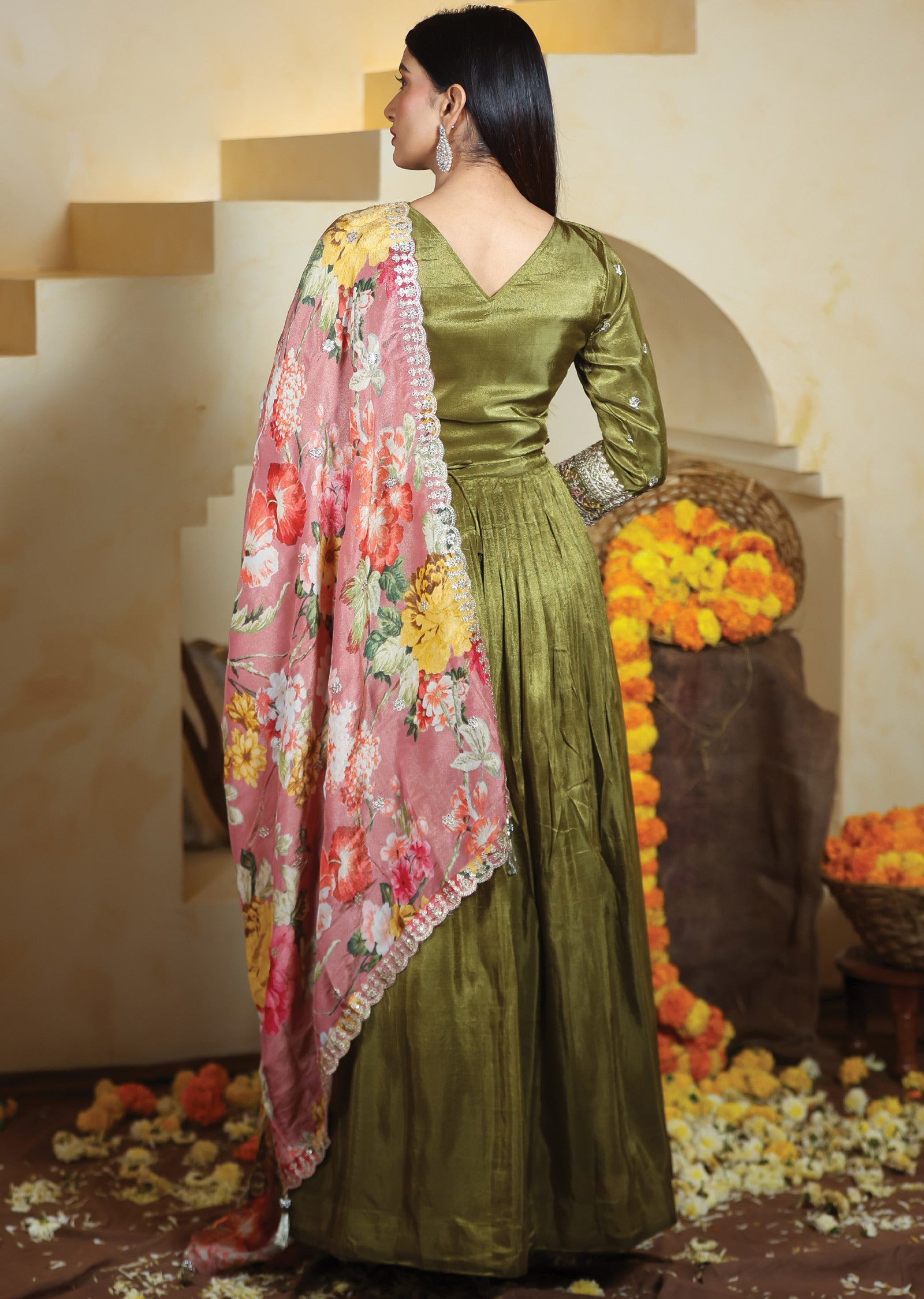 Mehndi Green Tissue Silk Anarkali