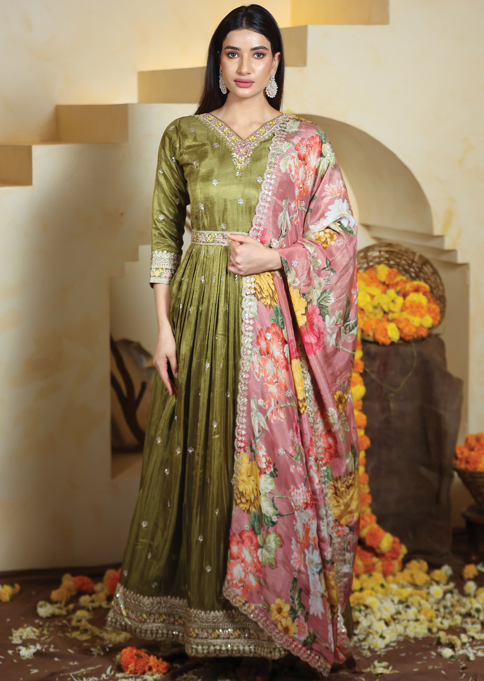 Mehndi Green Tissue Silk Anarkali