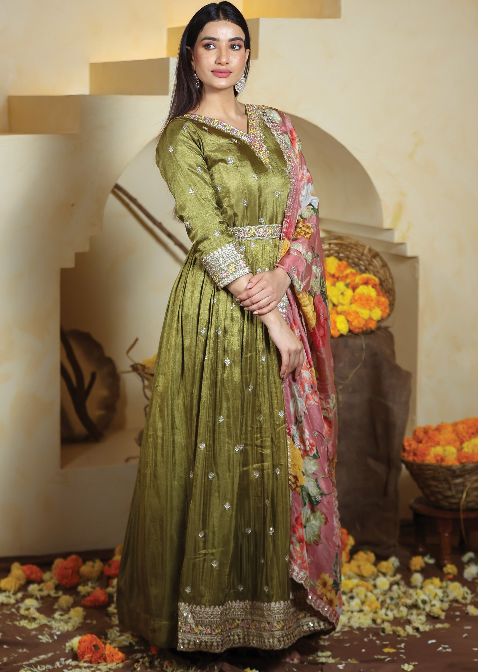 Mehndi Green Tissue Silk Anarkali