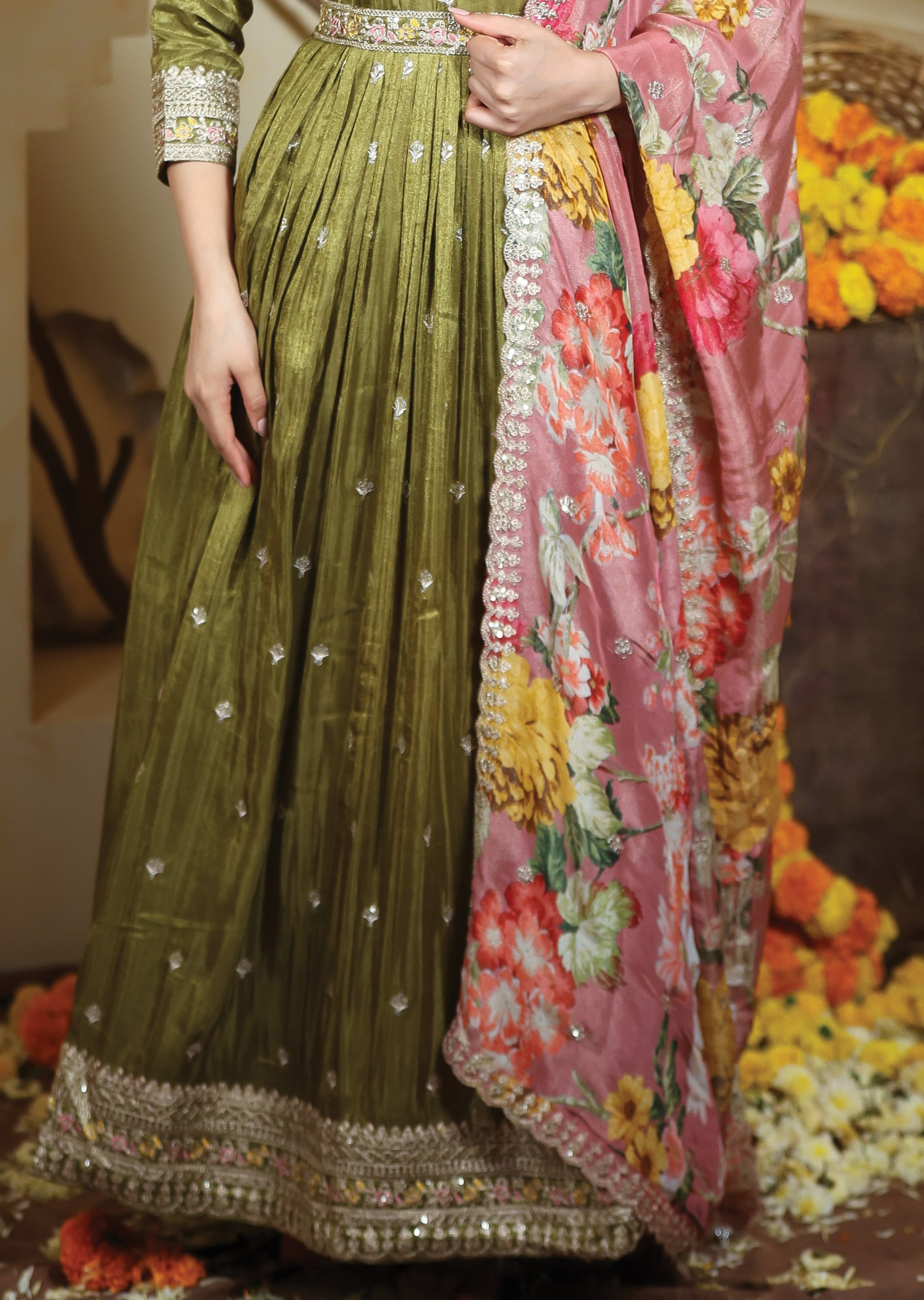 Mehndi Green Tissue Silk Anarkali