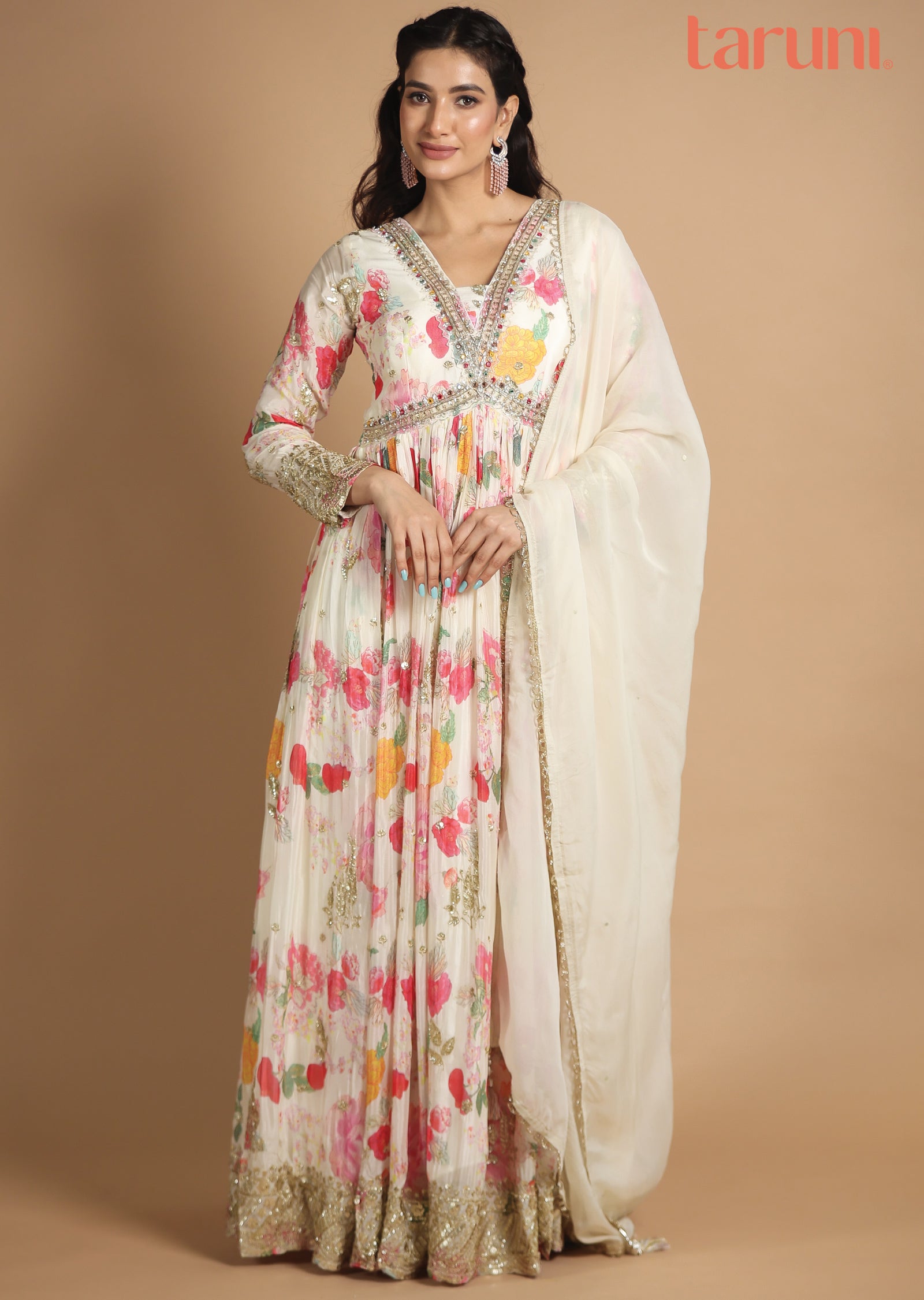 Cream Chinnon Anarkali