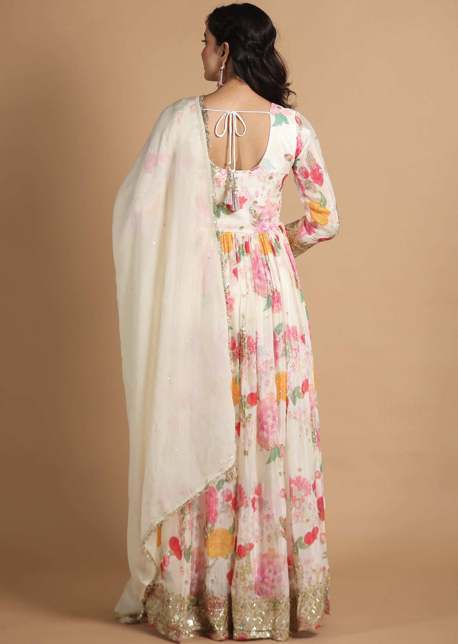 Cream Chinnon Anarkali