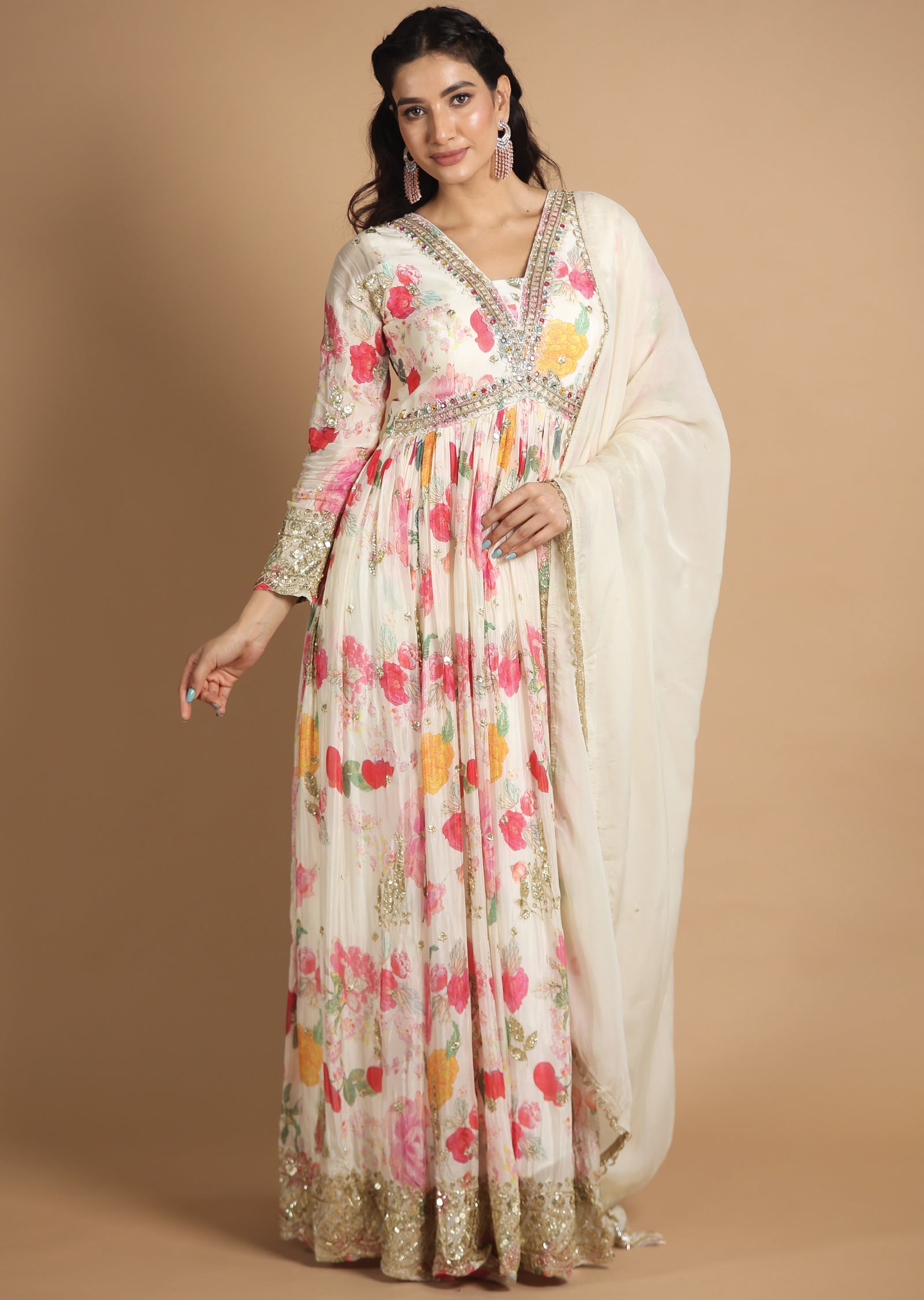 Cream Chinnon Anarkali