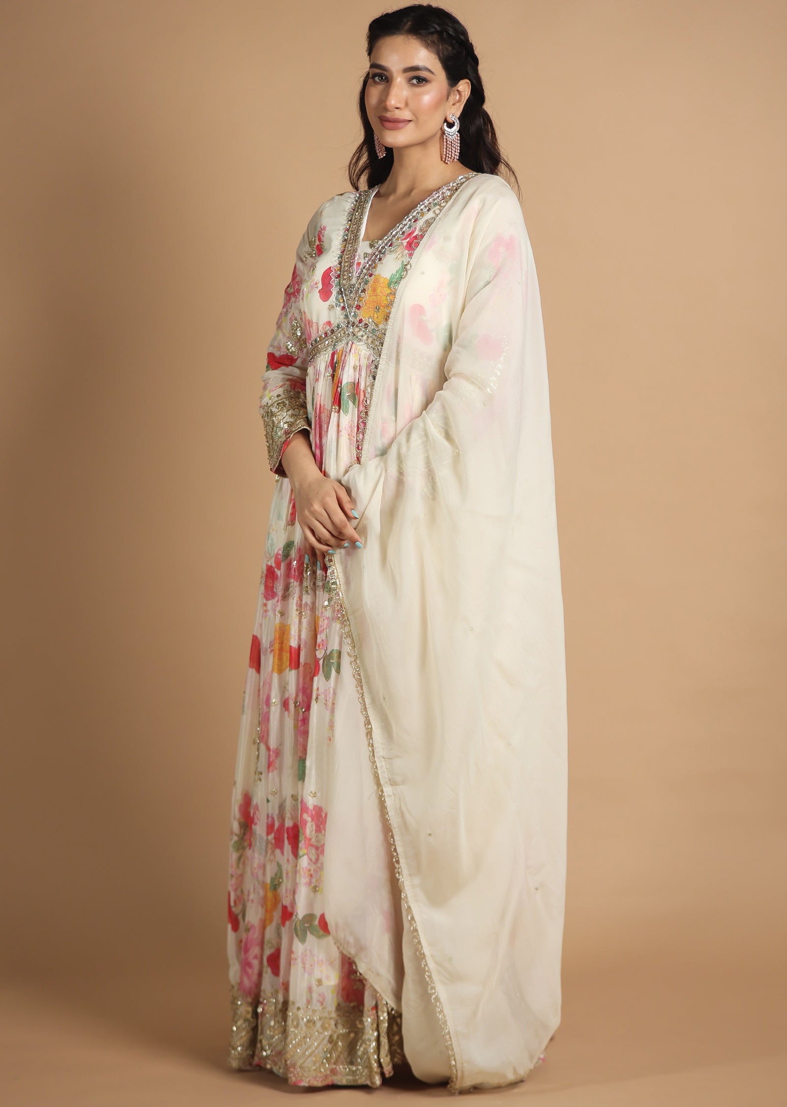 Cream Chinnon Anarkali