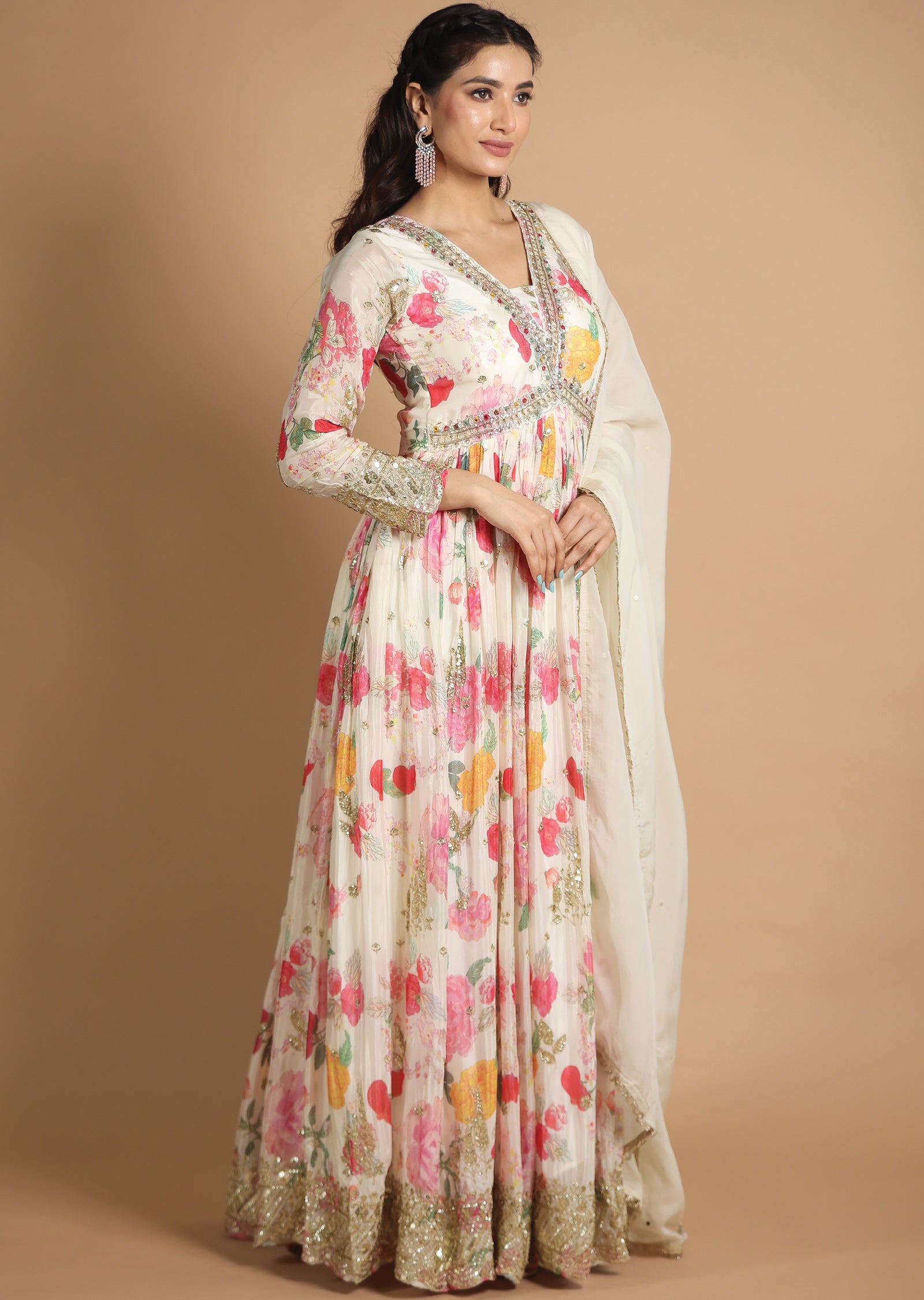 Cream Chinnon Anarkali