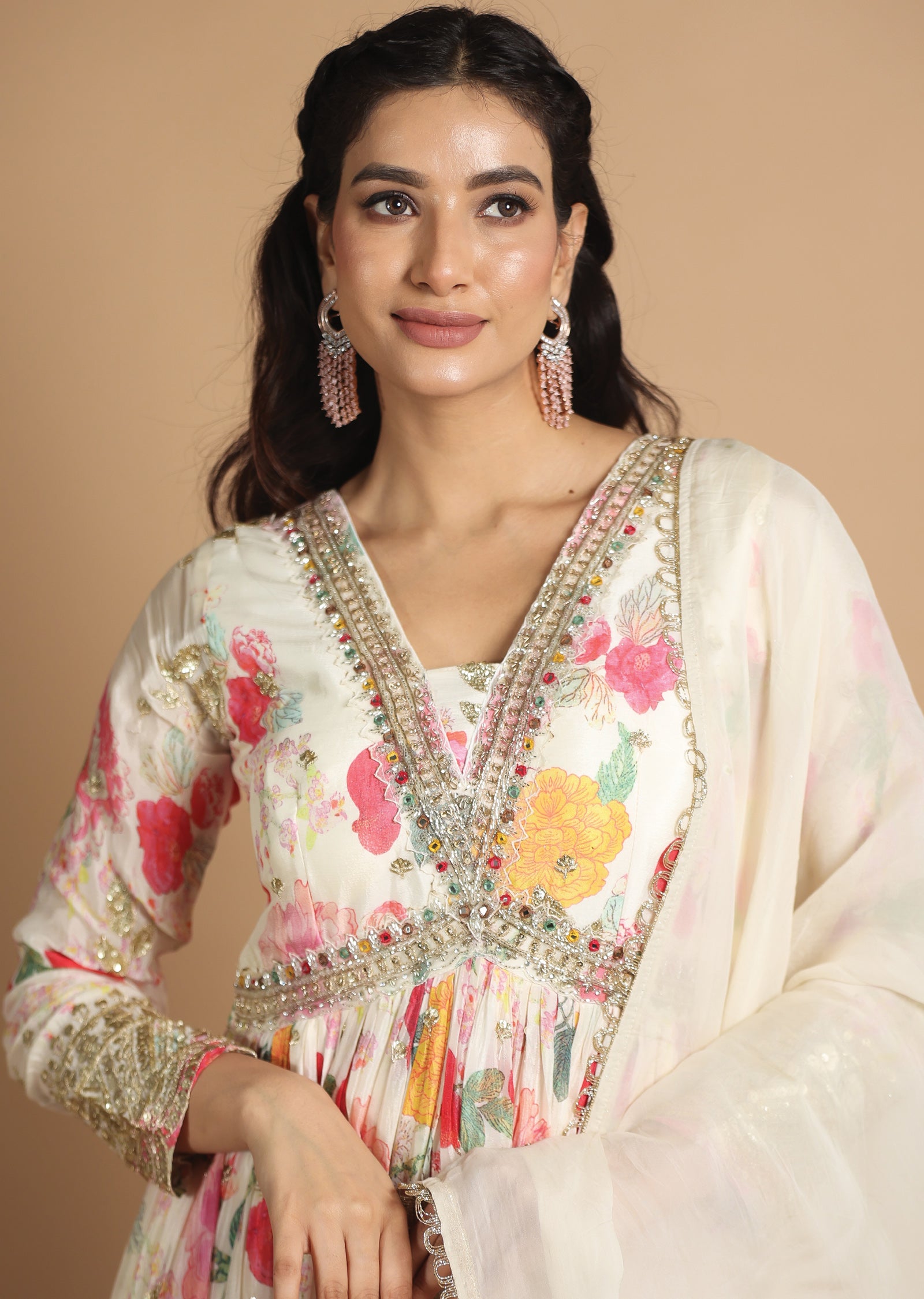 Cream Chinnon Anarkali