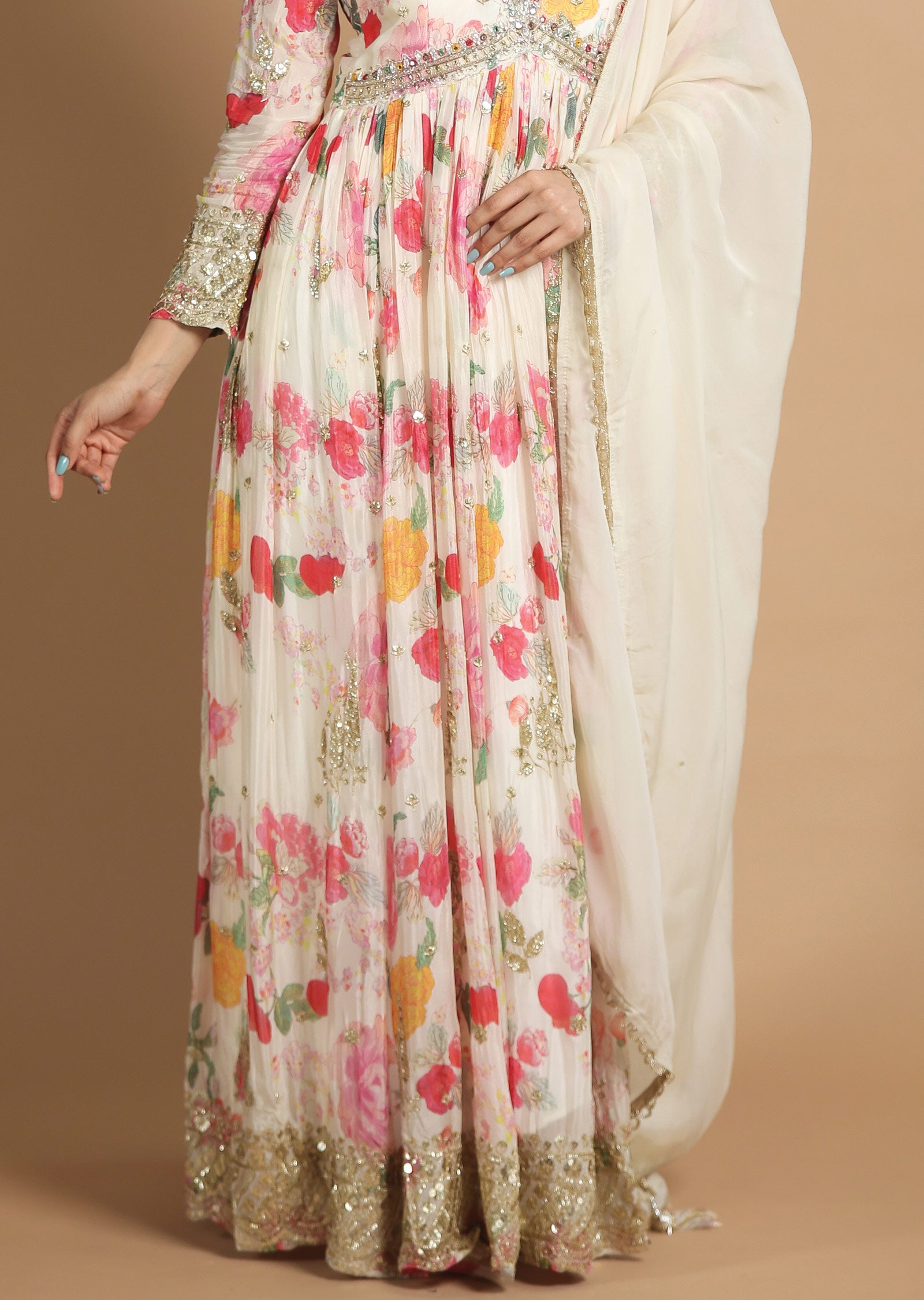 Cream Chinnon Anarkali