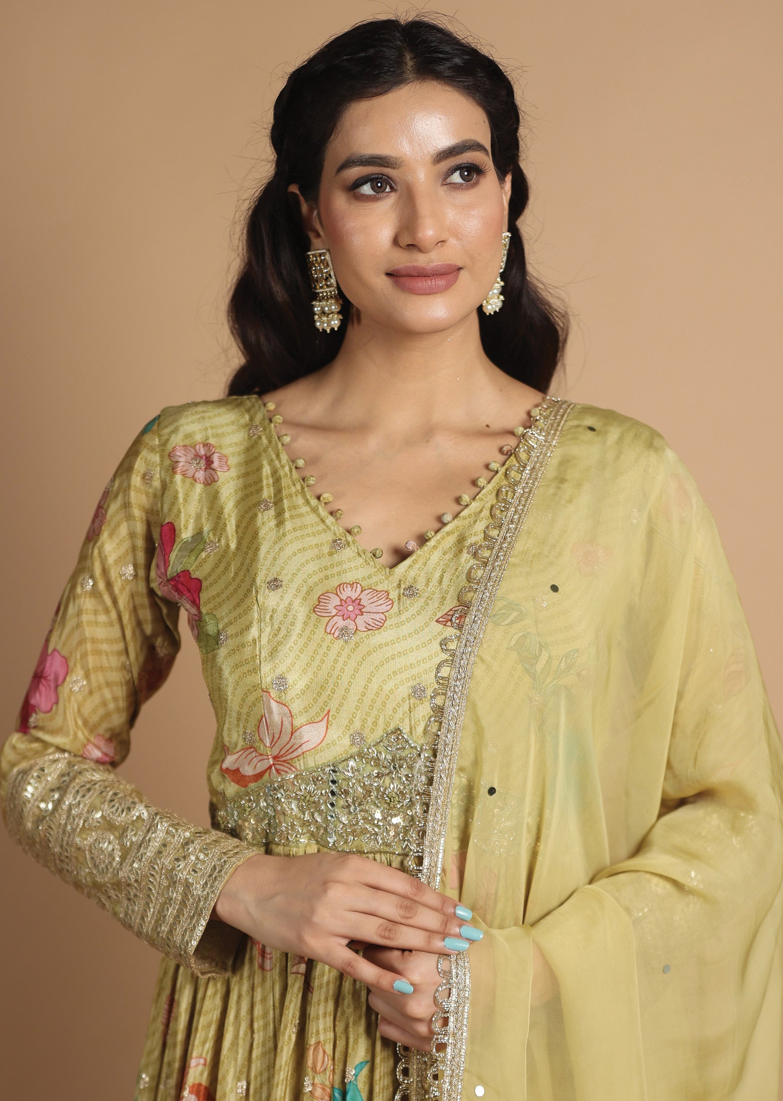 Light Mehendi Green Tissue Silk Anarkali