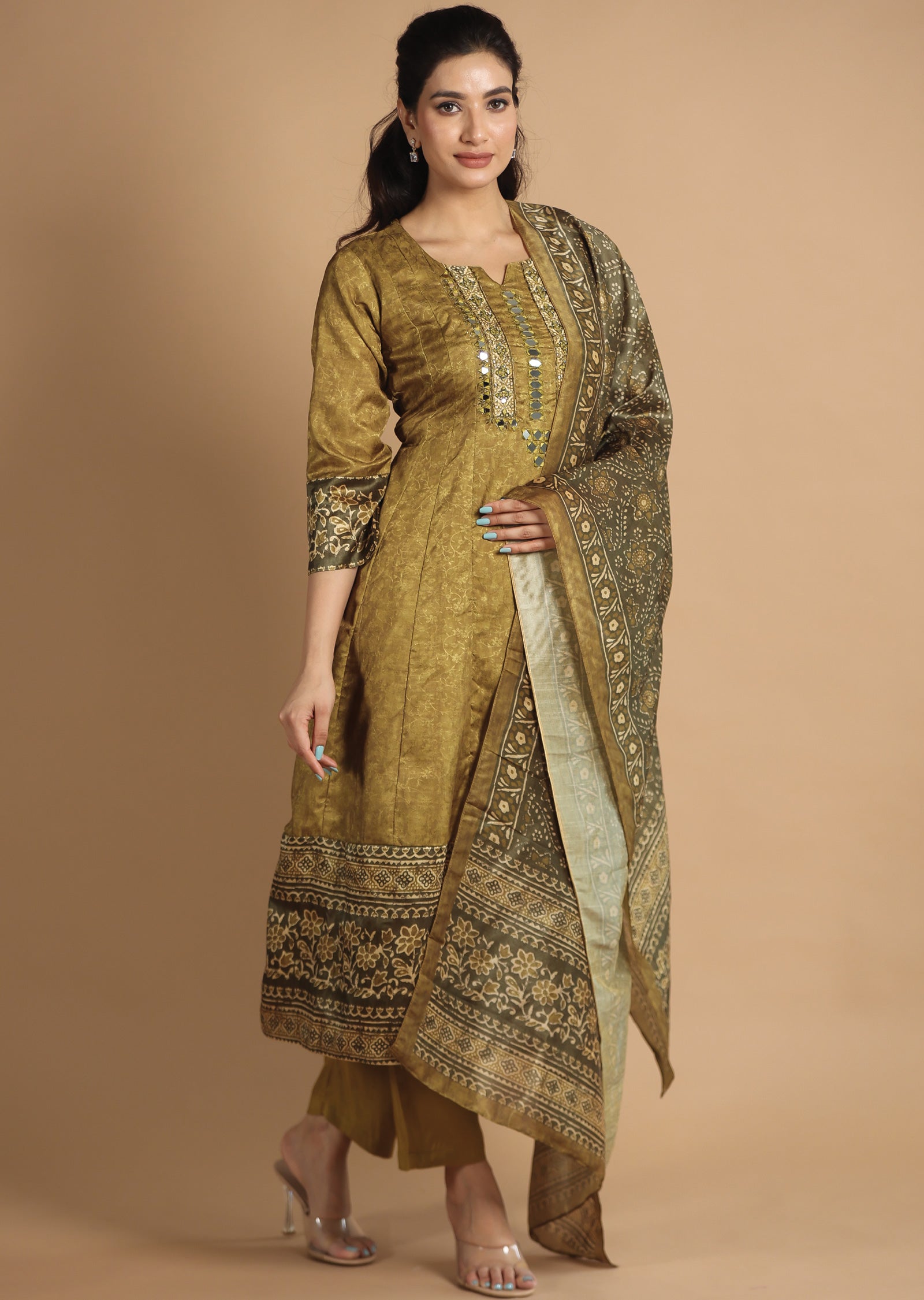 Mehndi Green Silk Anarkali