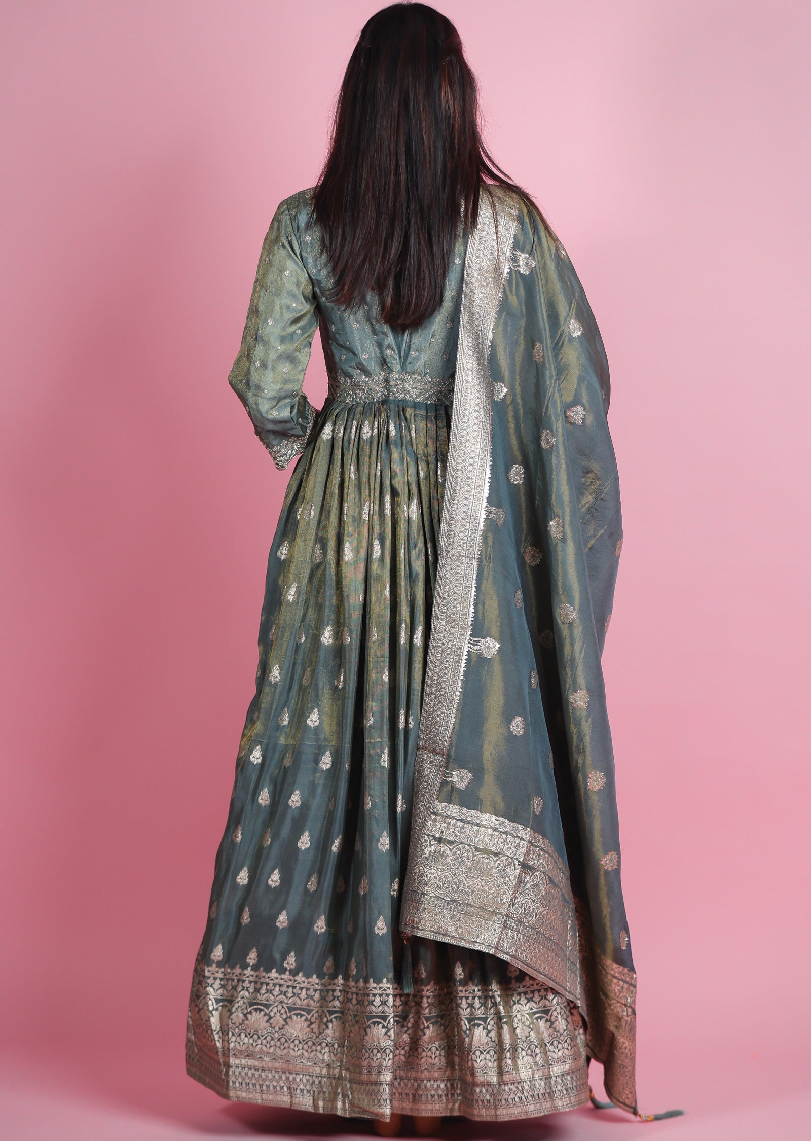 Dusty Green Banaras Tissue Silk Anarkali