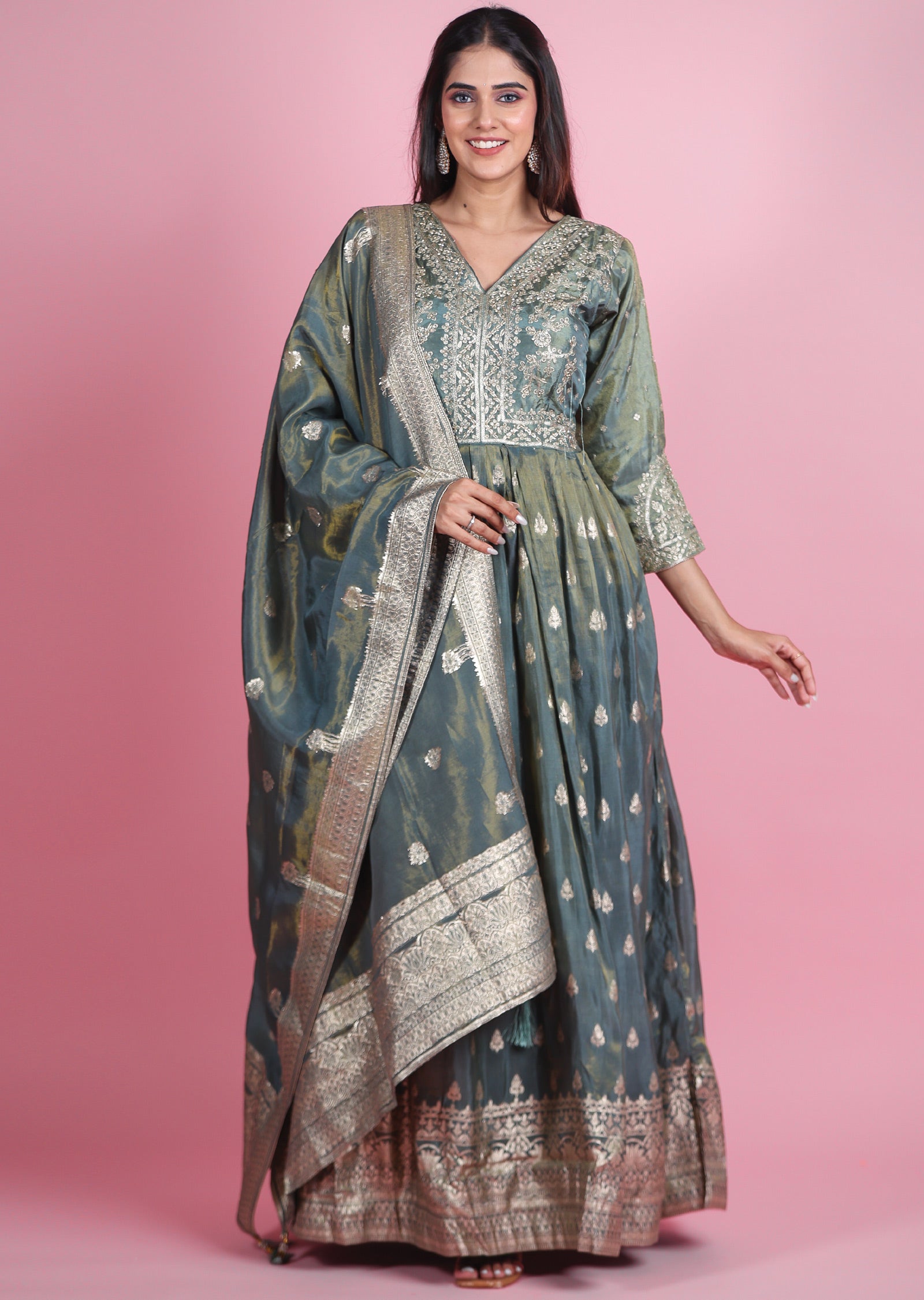 Dusty Green Banaras Tissue Silk Anarkali