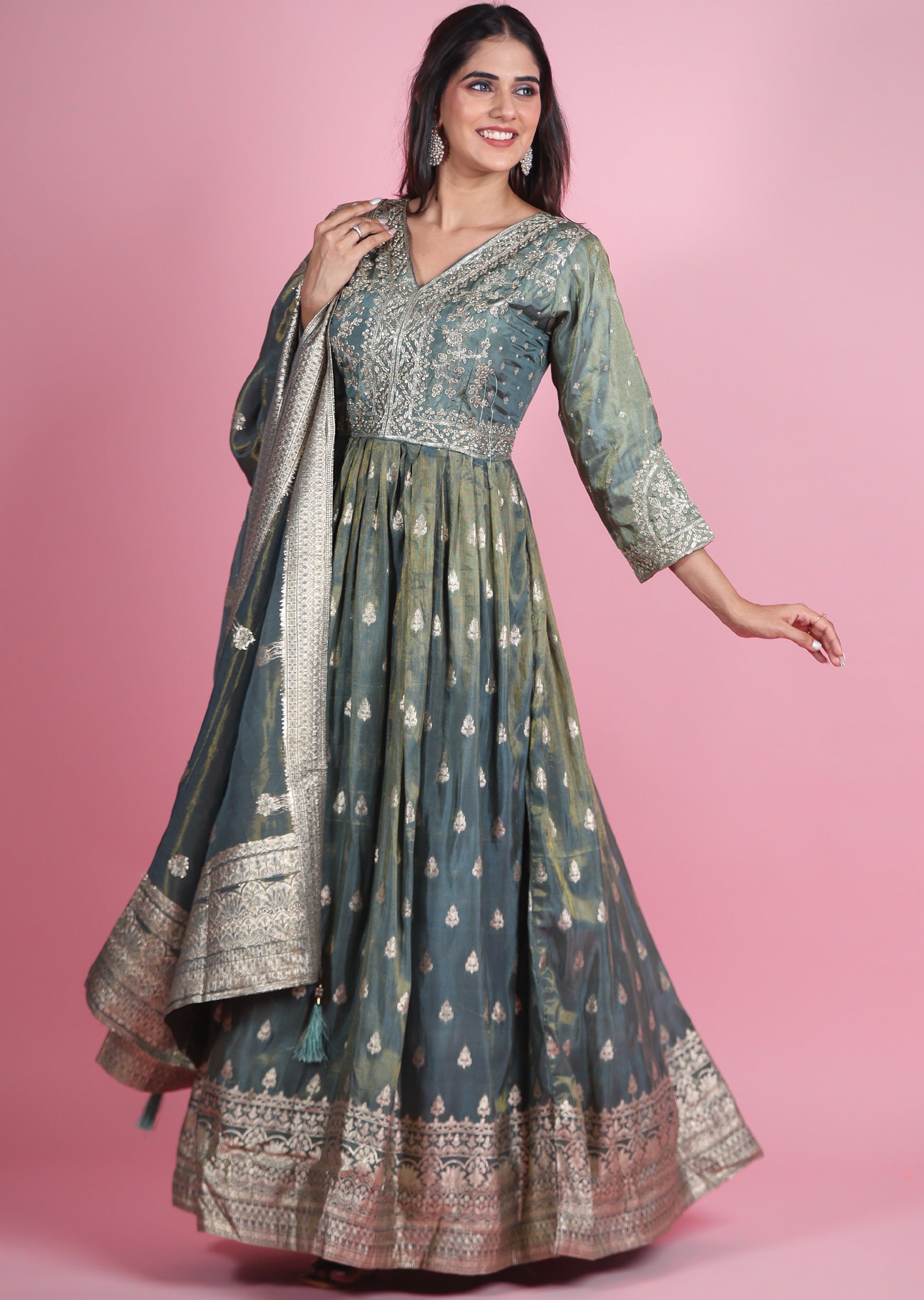 Dusty Green Banaras Tissue Silk Anarkali