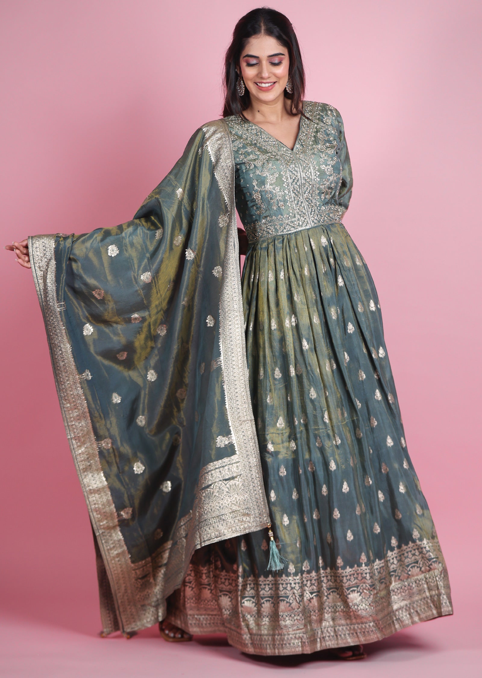 Dusty Green Banaras Tissue Silk Anarkali