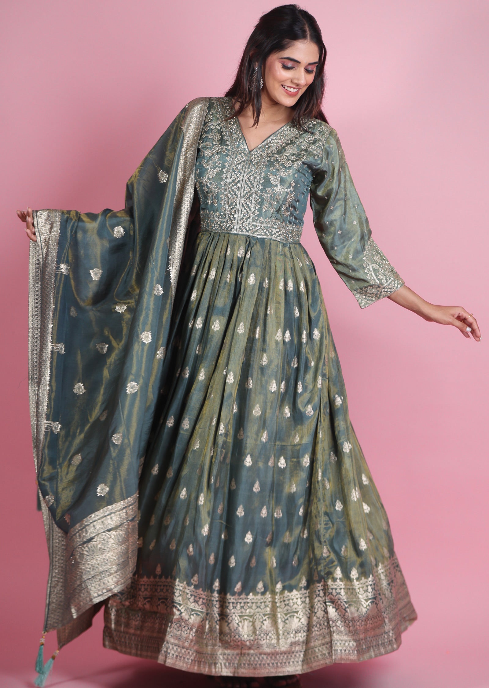 Dusty Green Banaras Tissue Silk Anarkali