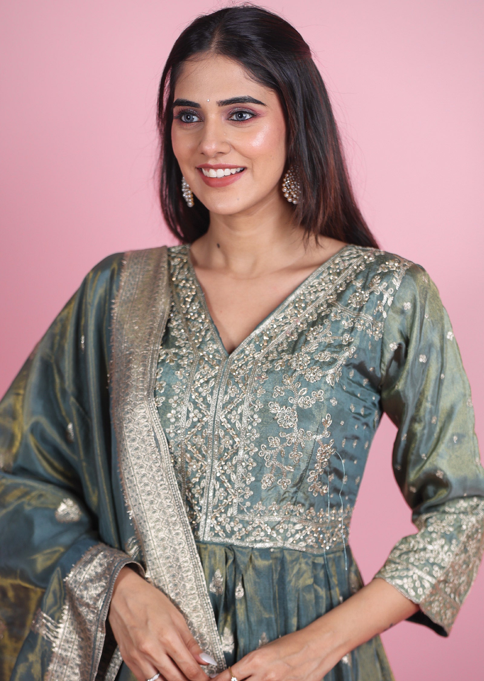 Dusty Green Banaras Tissue Silk Anarkali