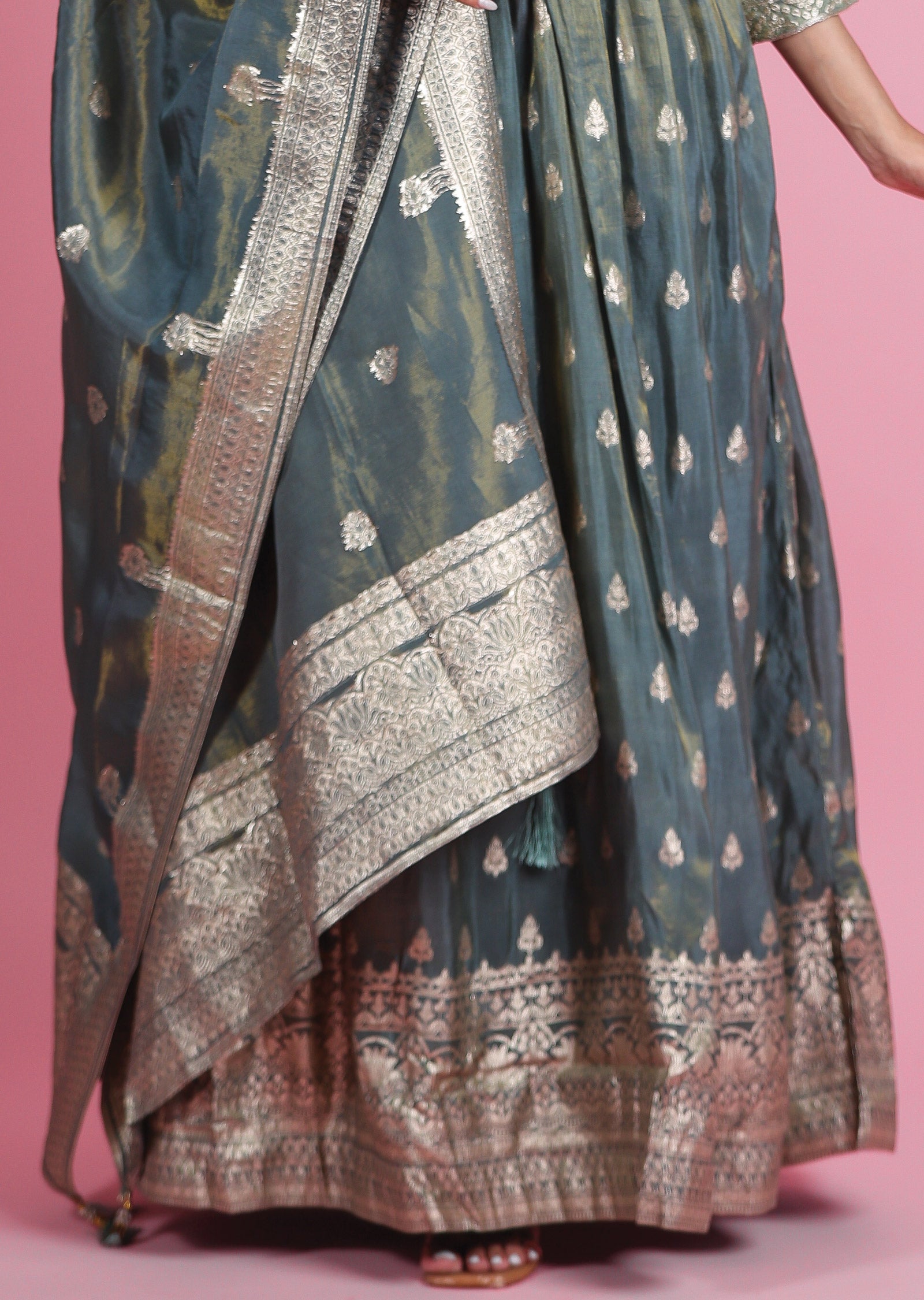 Dusty Green Banaras Tissue Silk Anarkali