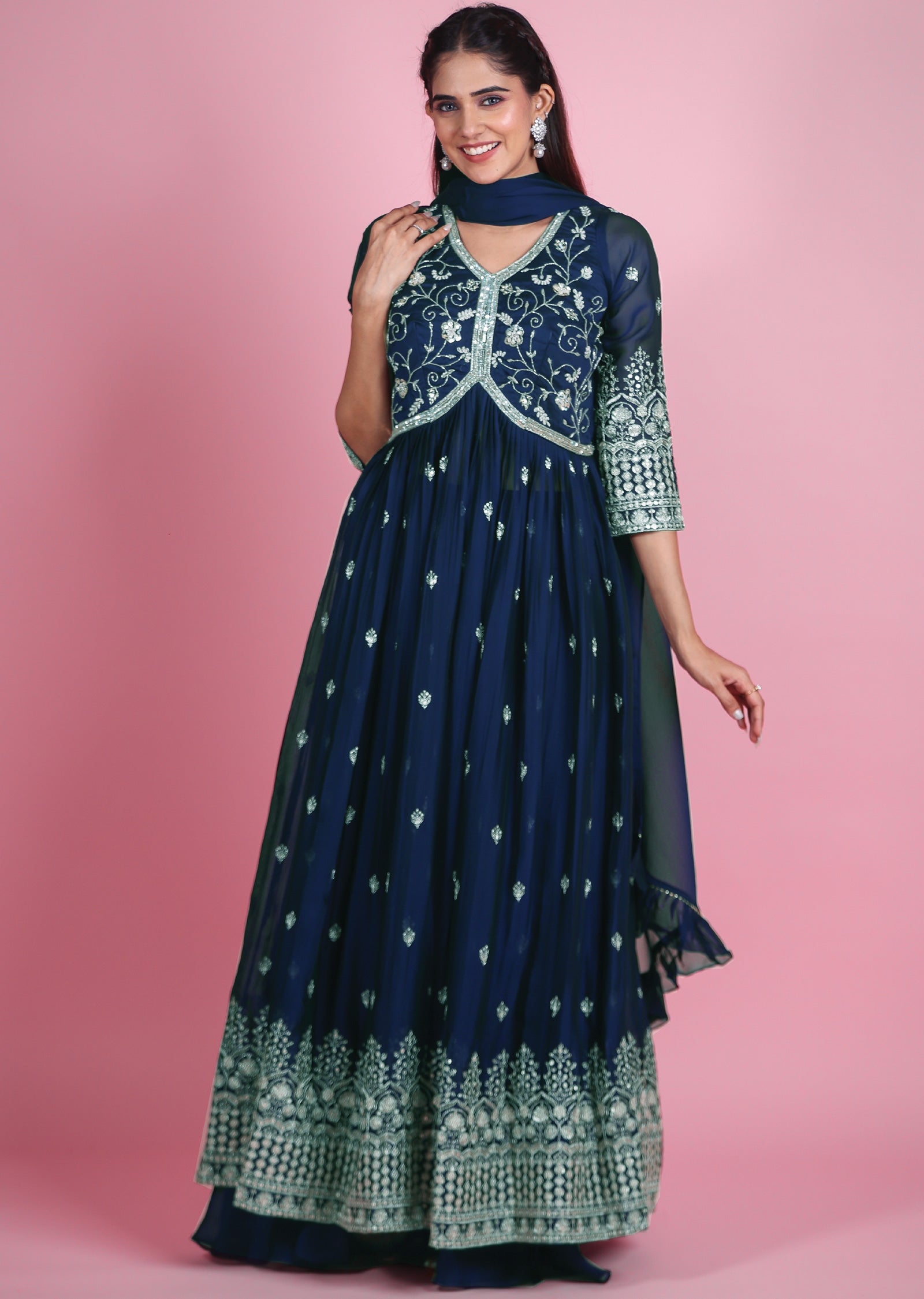 Navy Blue Chiffon Anarkali