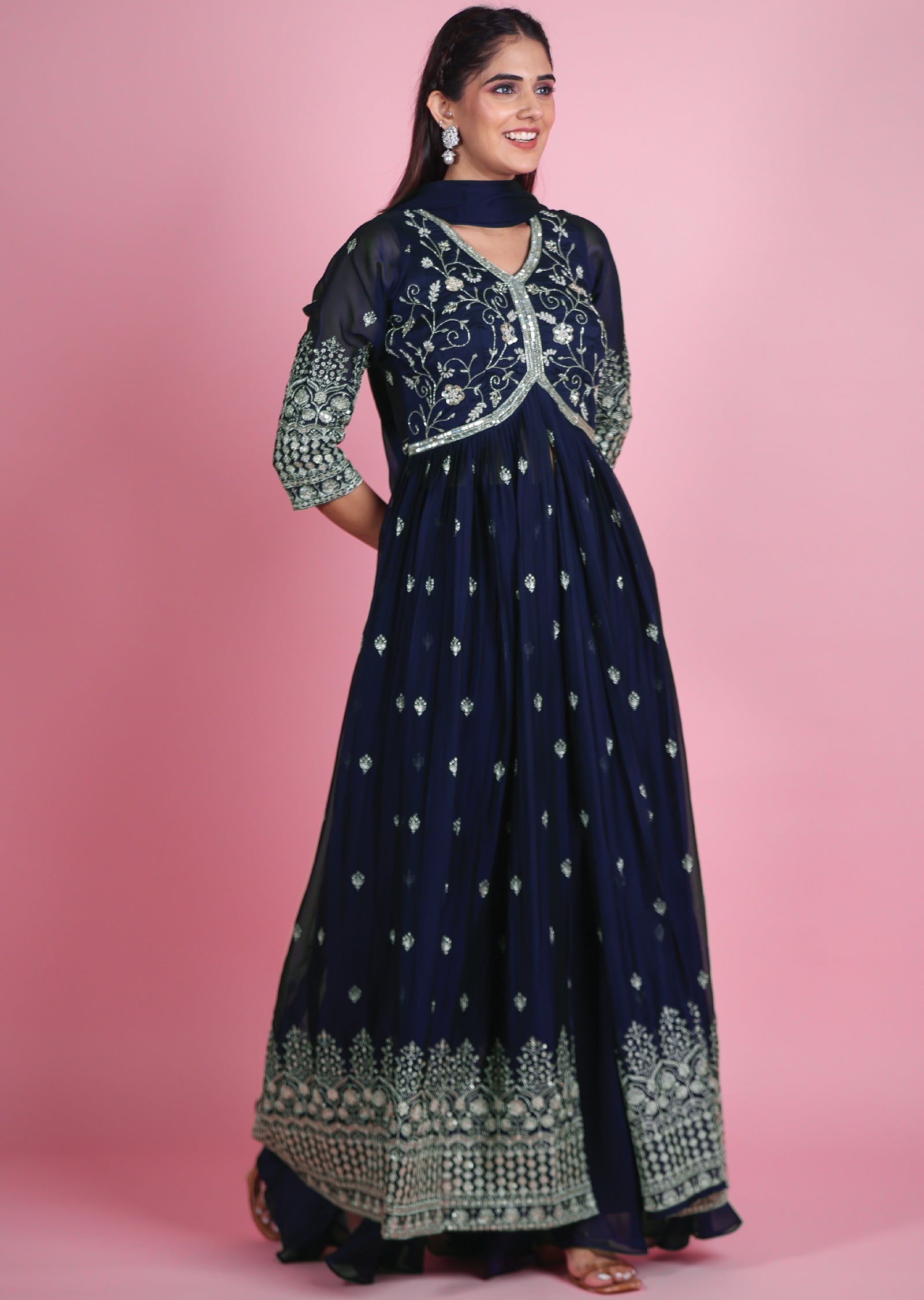 Navy Blue Chiffon Anarkali