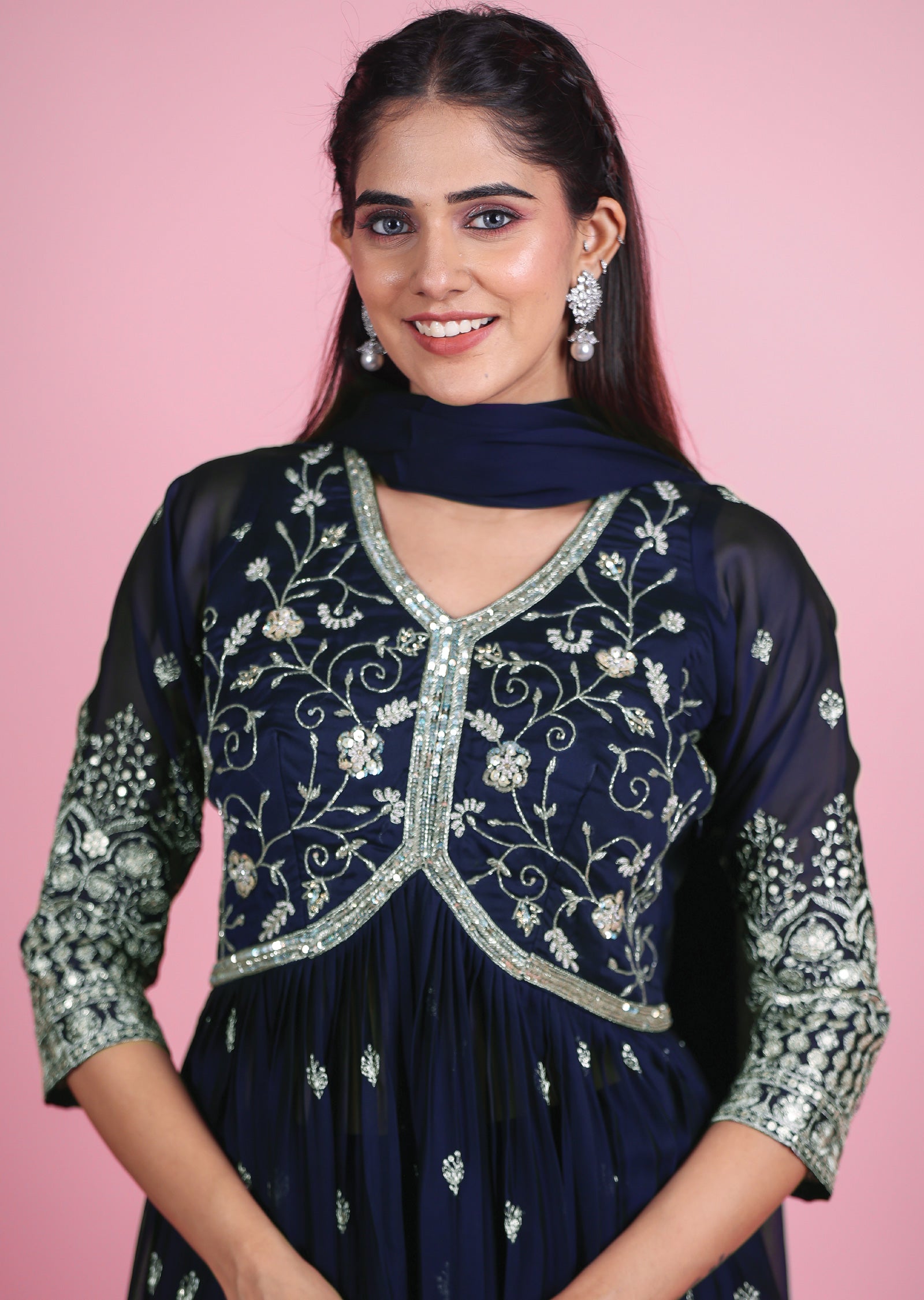 Navy Blue Chiffon Anarkali