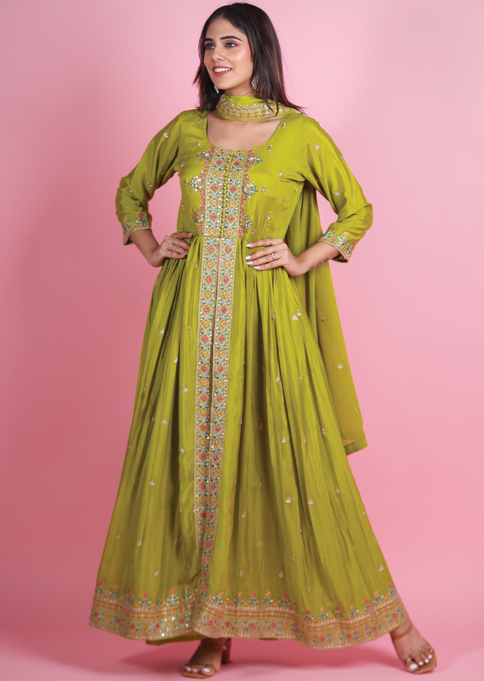 Mehendi Green Chinnon Anarkali