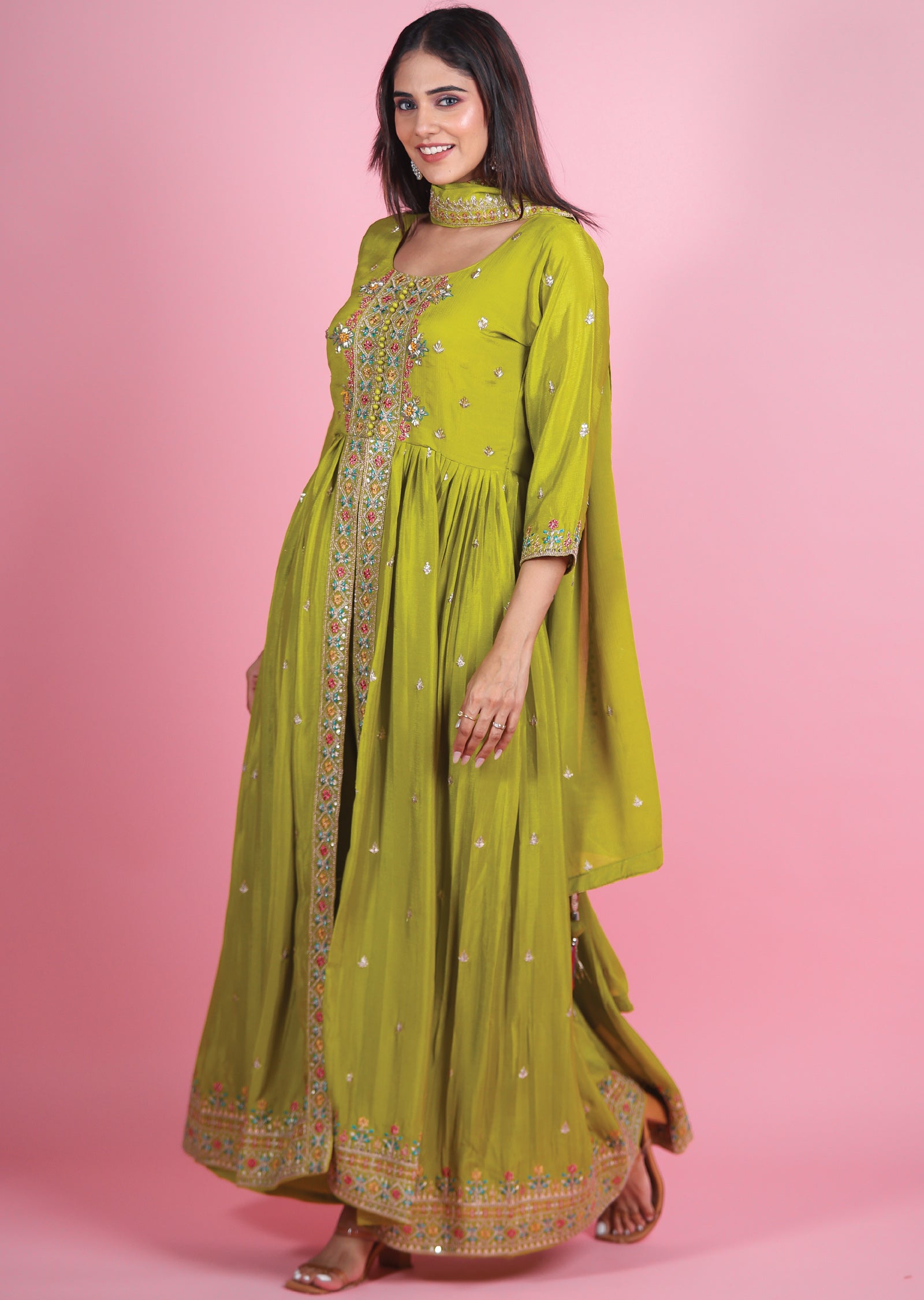 Mehendi Green Chinnon Anarkali