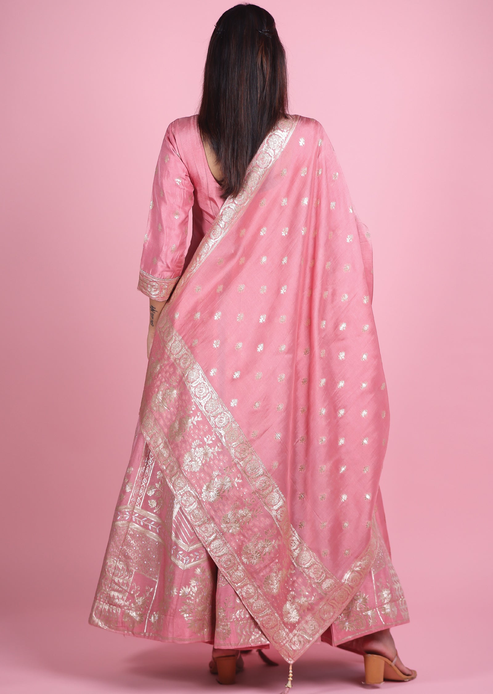 Onion Pink Banaras Silk Anarkali