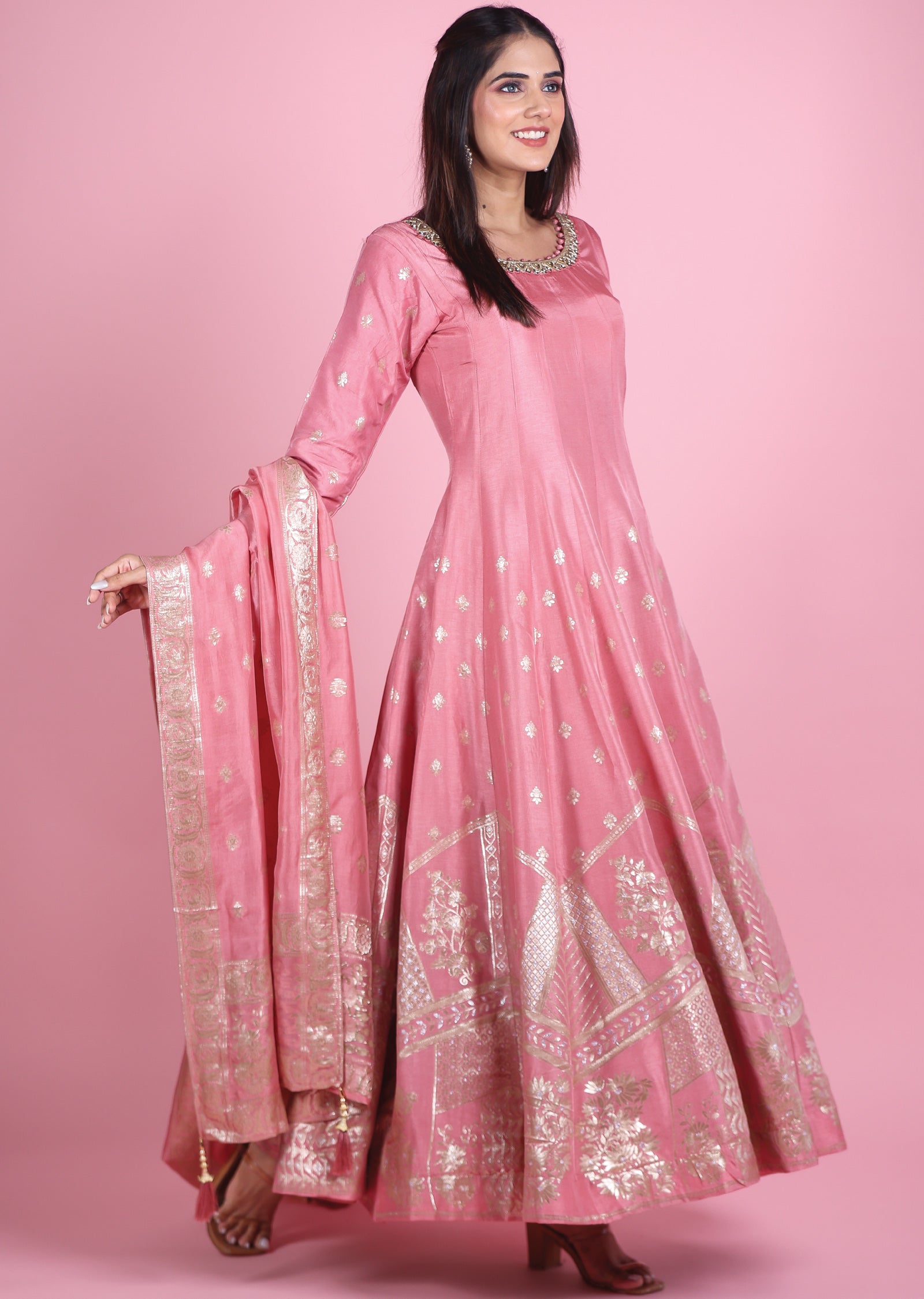 Onion Pink Banaras Silk Anarkali