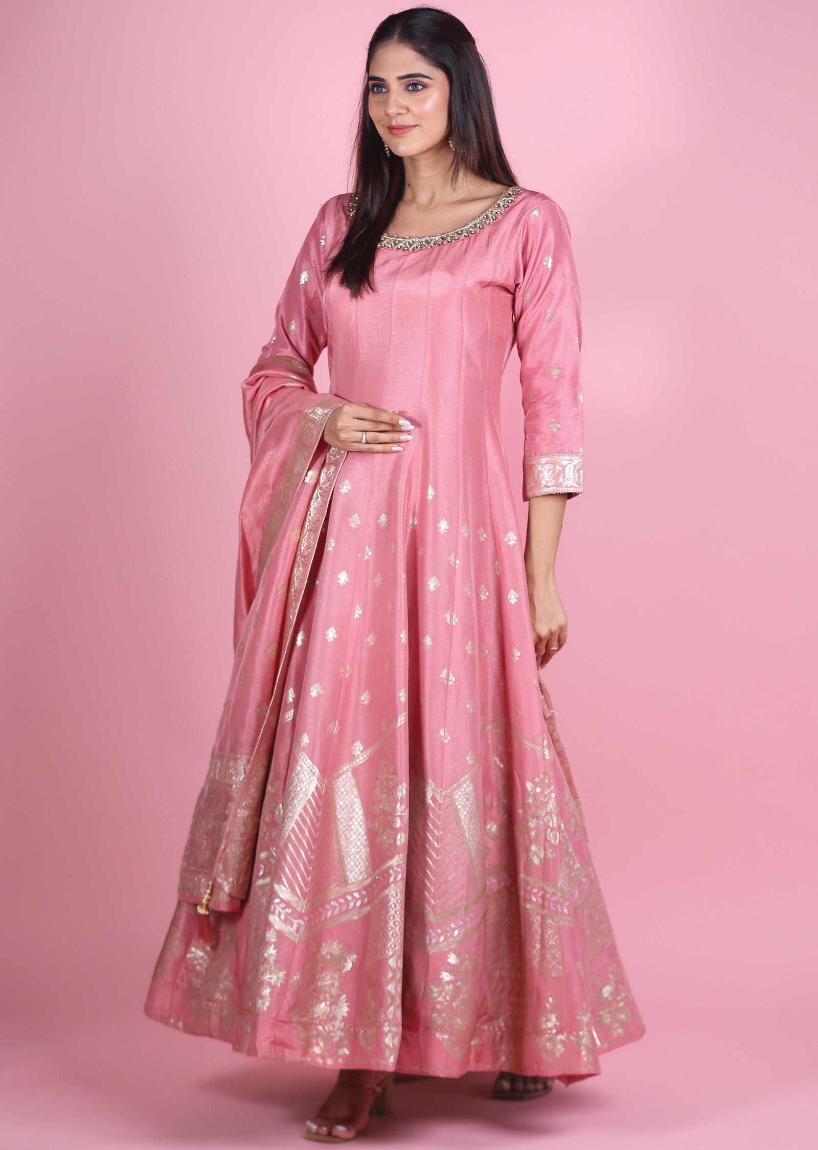 Onion Pink Banaras Silk Anarkali