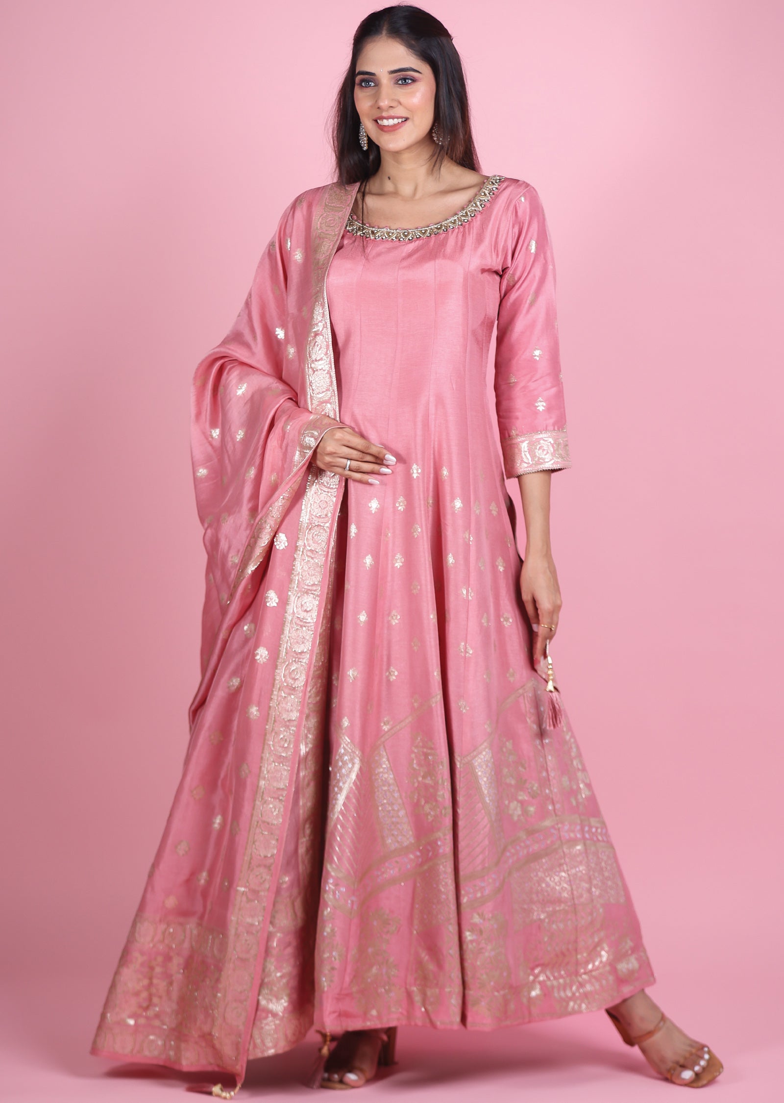 Onion Pink Banaras Silk Anarkali