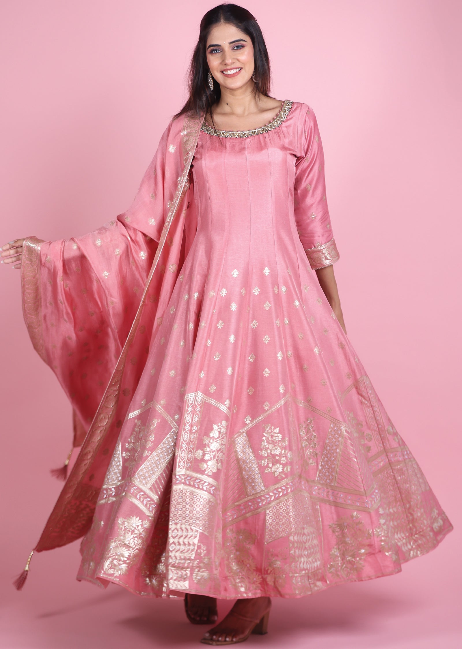 Onion Pink Banaras Silk Anarkali