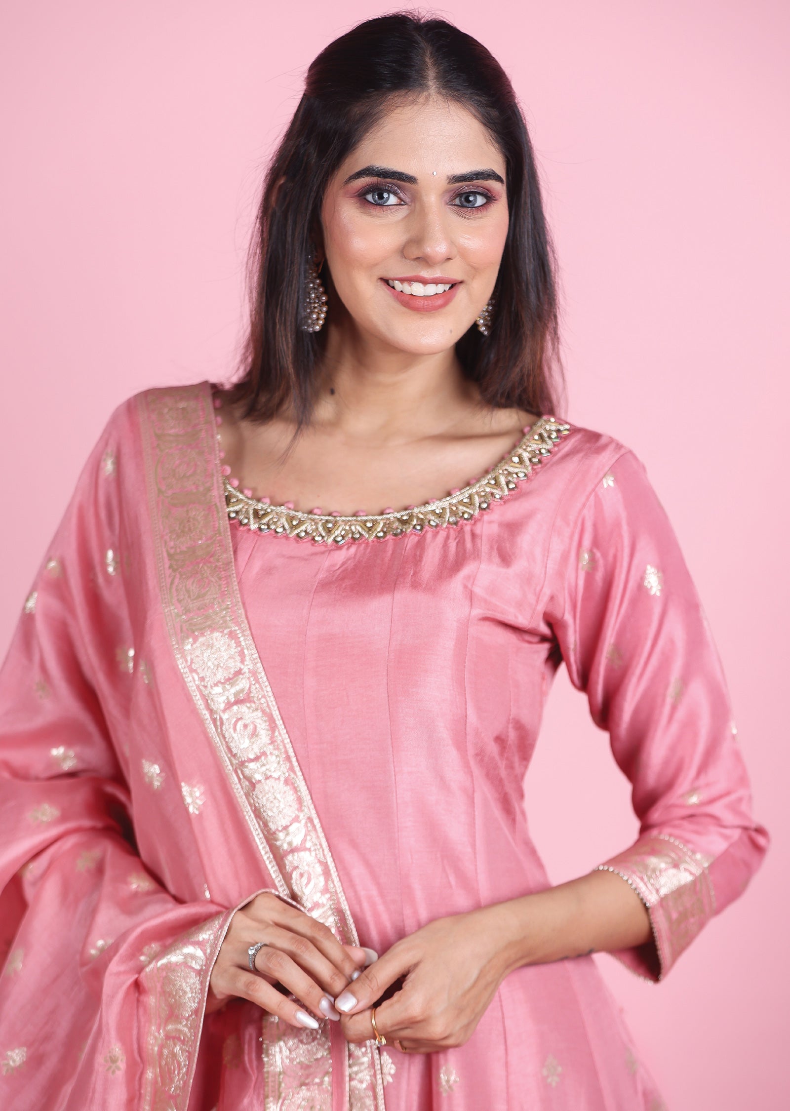 Onion Pink Banaras Silk Anarkali