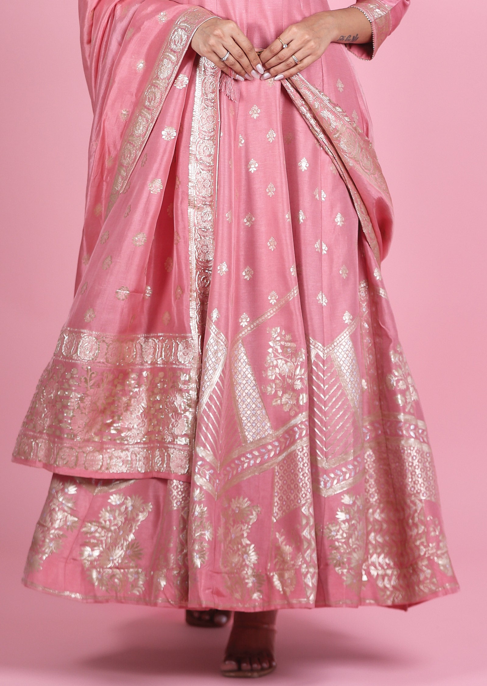 Onion Pink Banaras Silk Anarkali