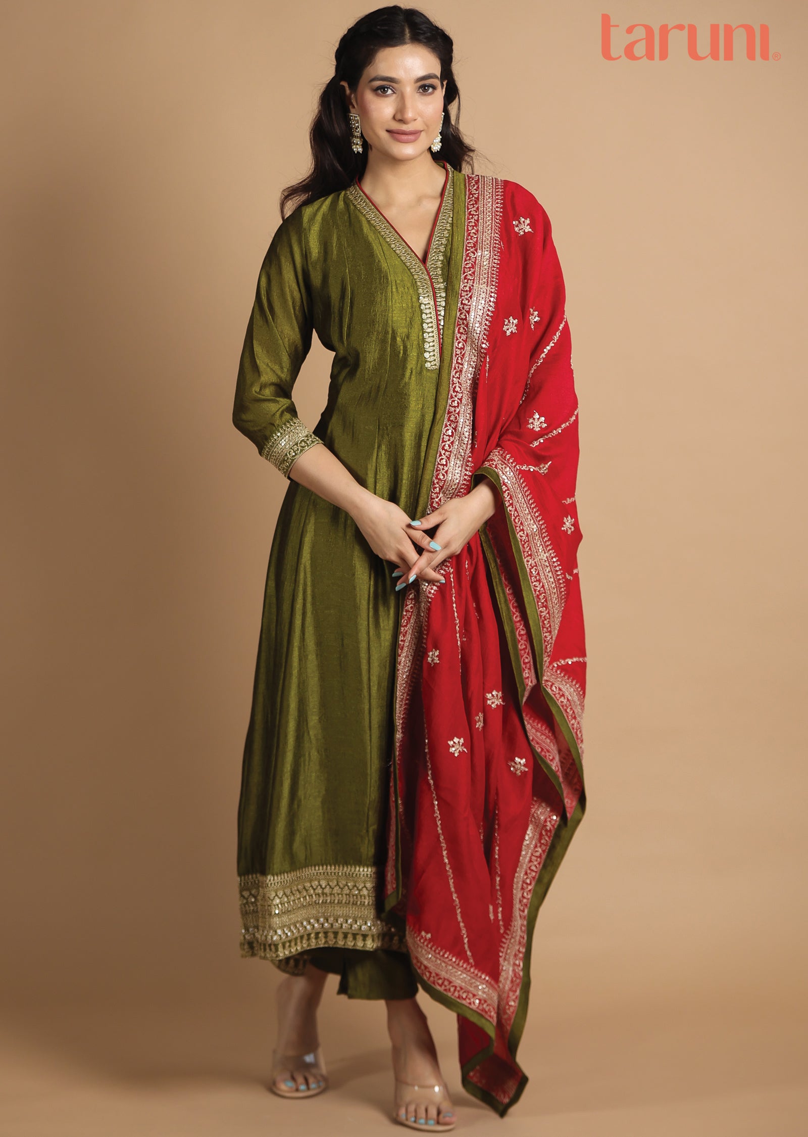 Olive Green Silk Anarkali