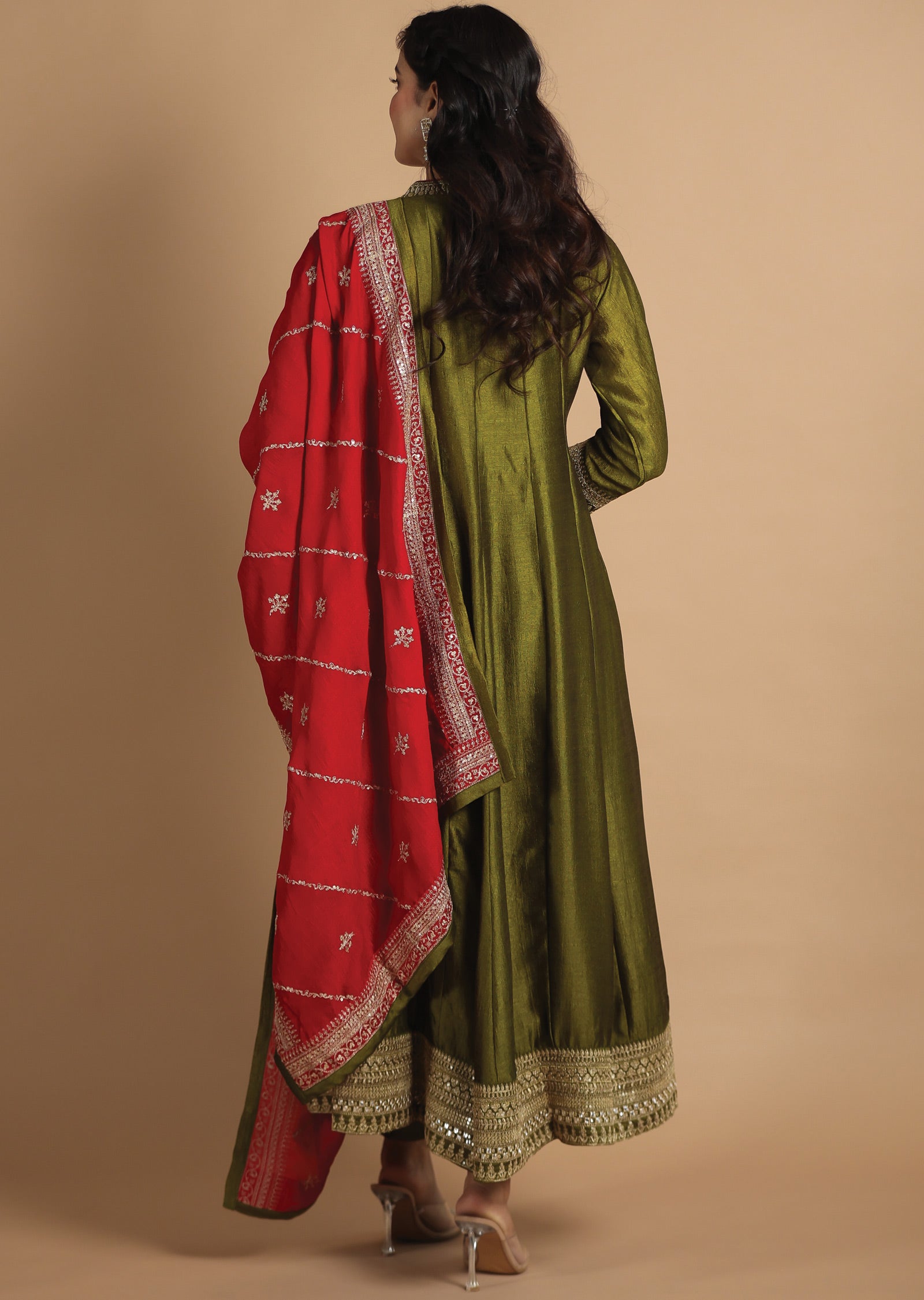 Olive Green Silk Anarkali