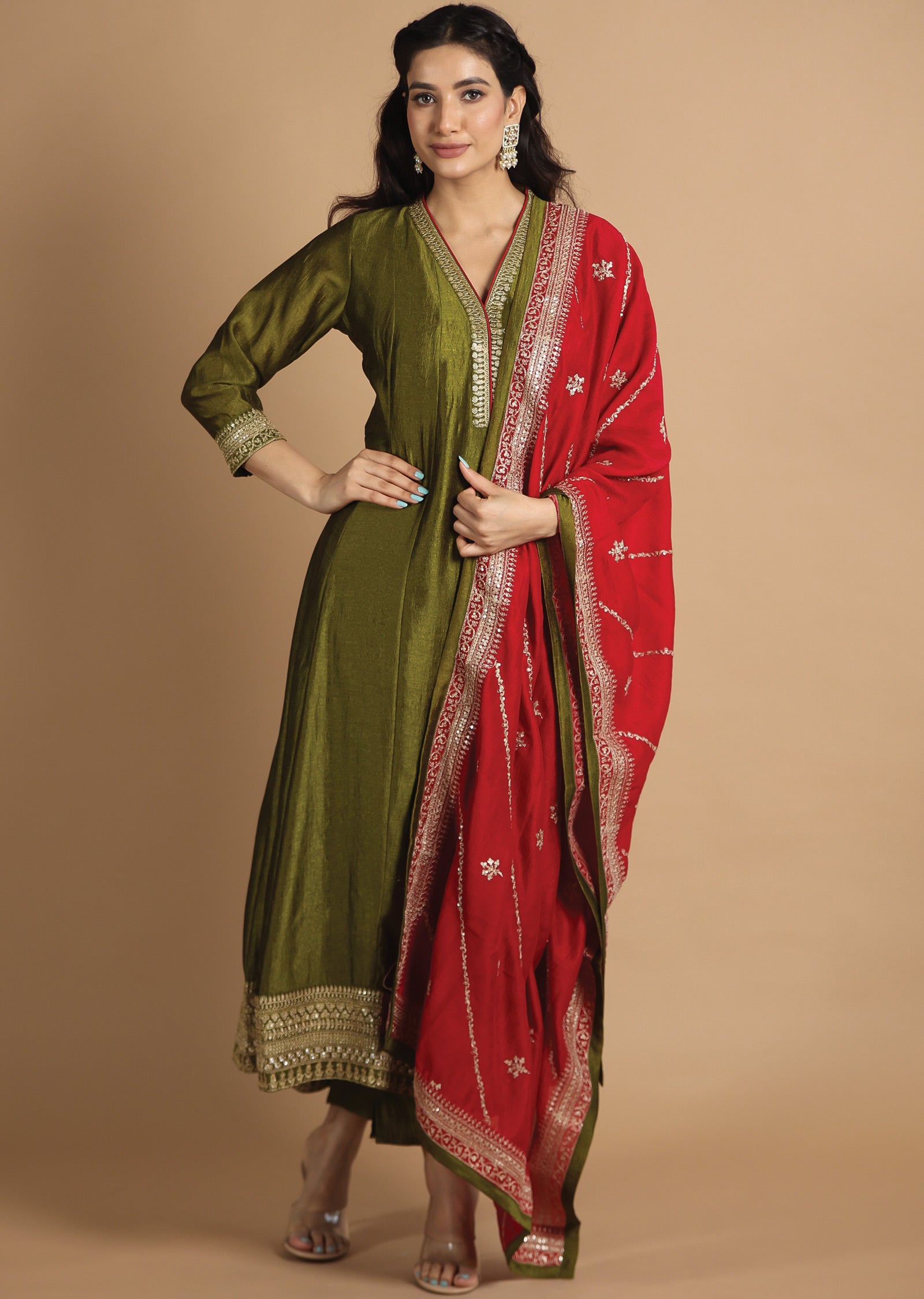 Olive Green Silk Anarkali