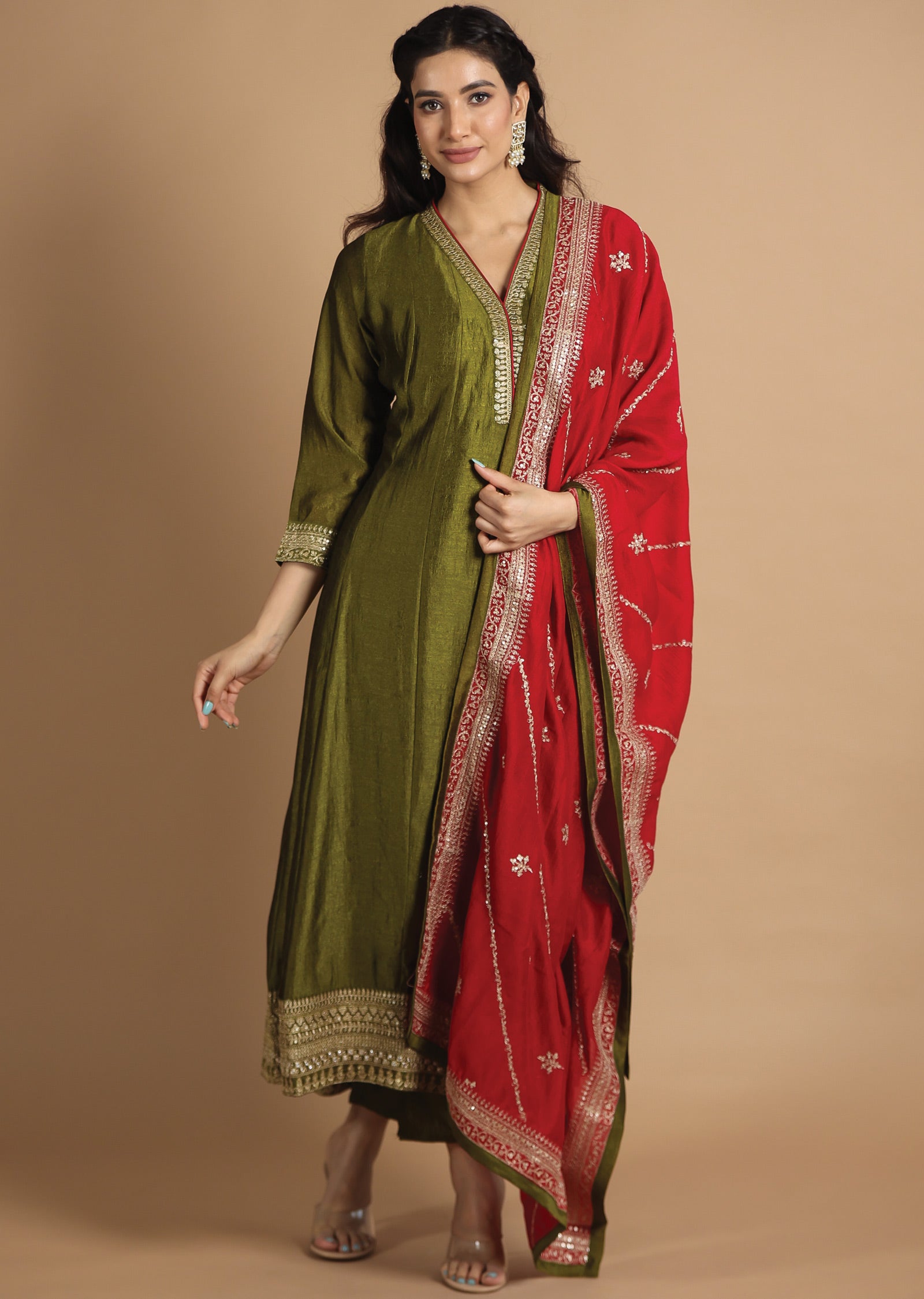 Olive Green Silk Anarkali