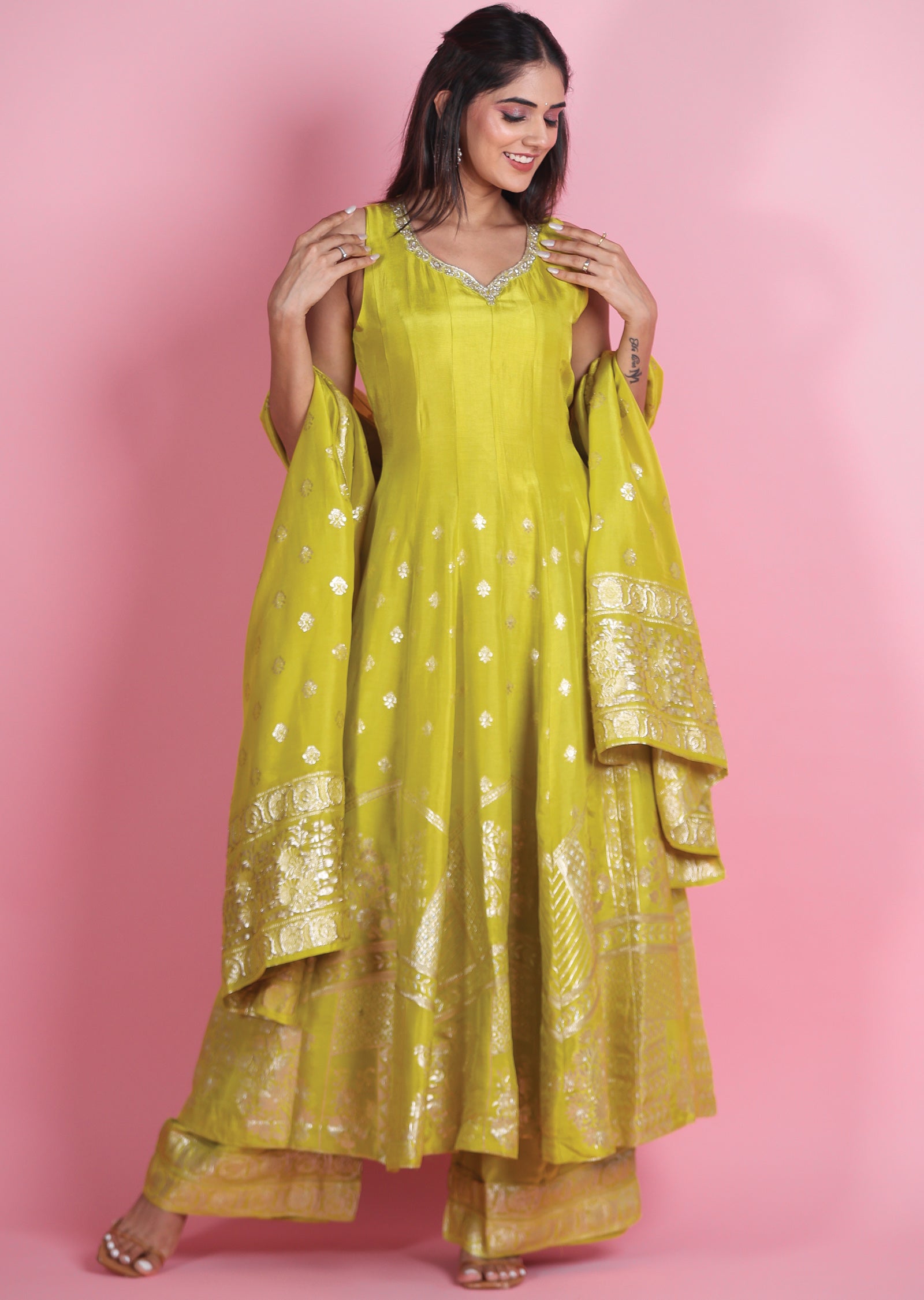 Lime Green Banaras Silk Anarkali