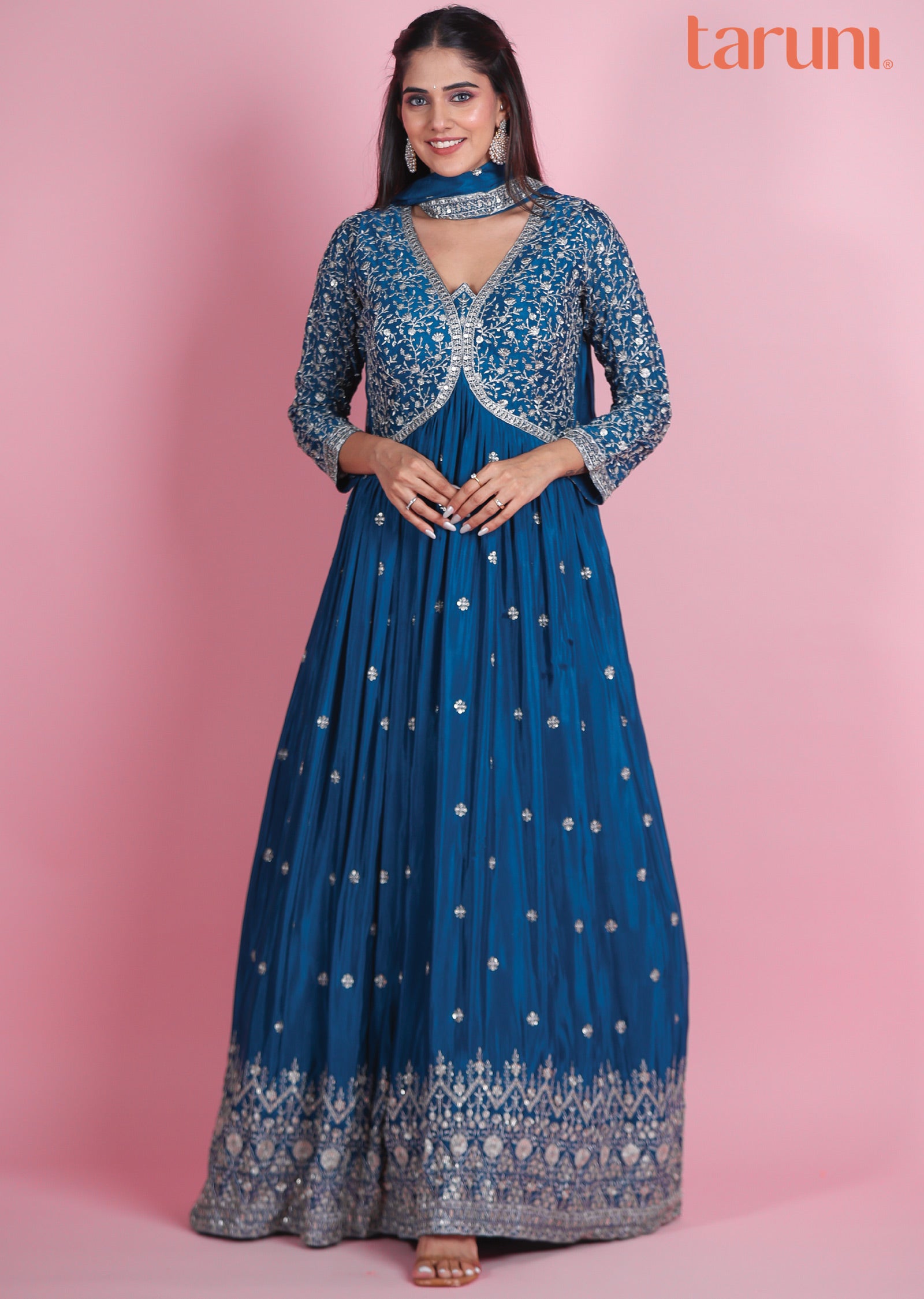 Teal Blue Chinnon Anarkali